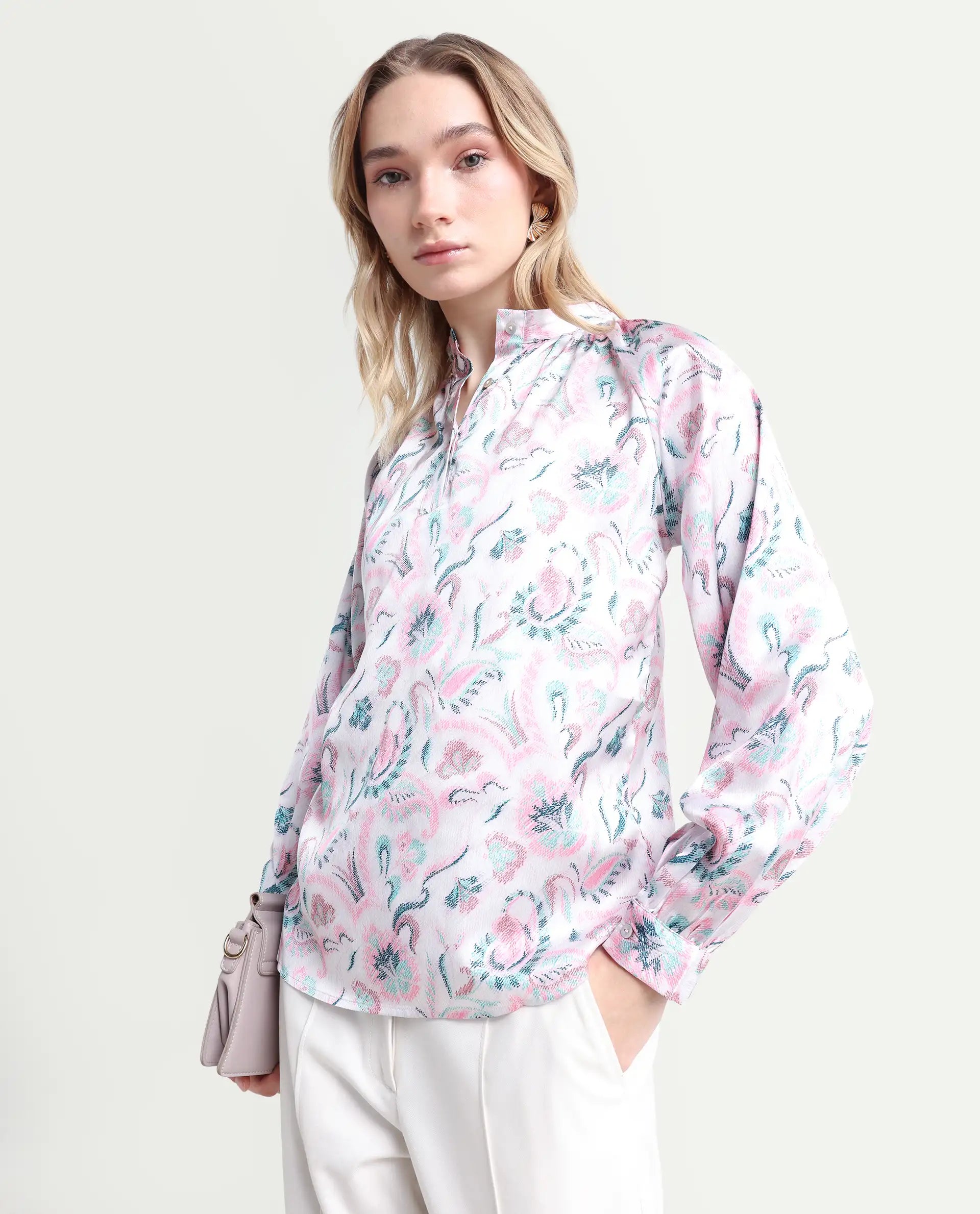 Rareism Women's Aaylinn Multi Polyester Blend High Neck Floral Print Cuffed Sleeve Relaxed Fit Top