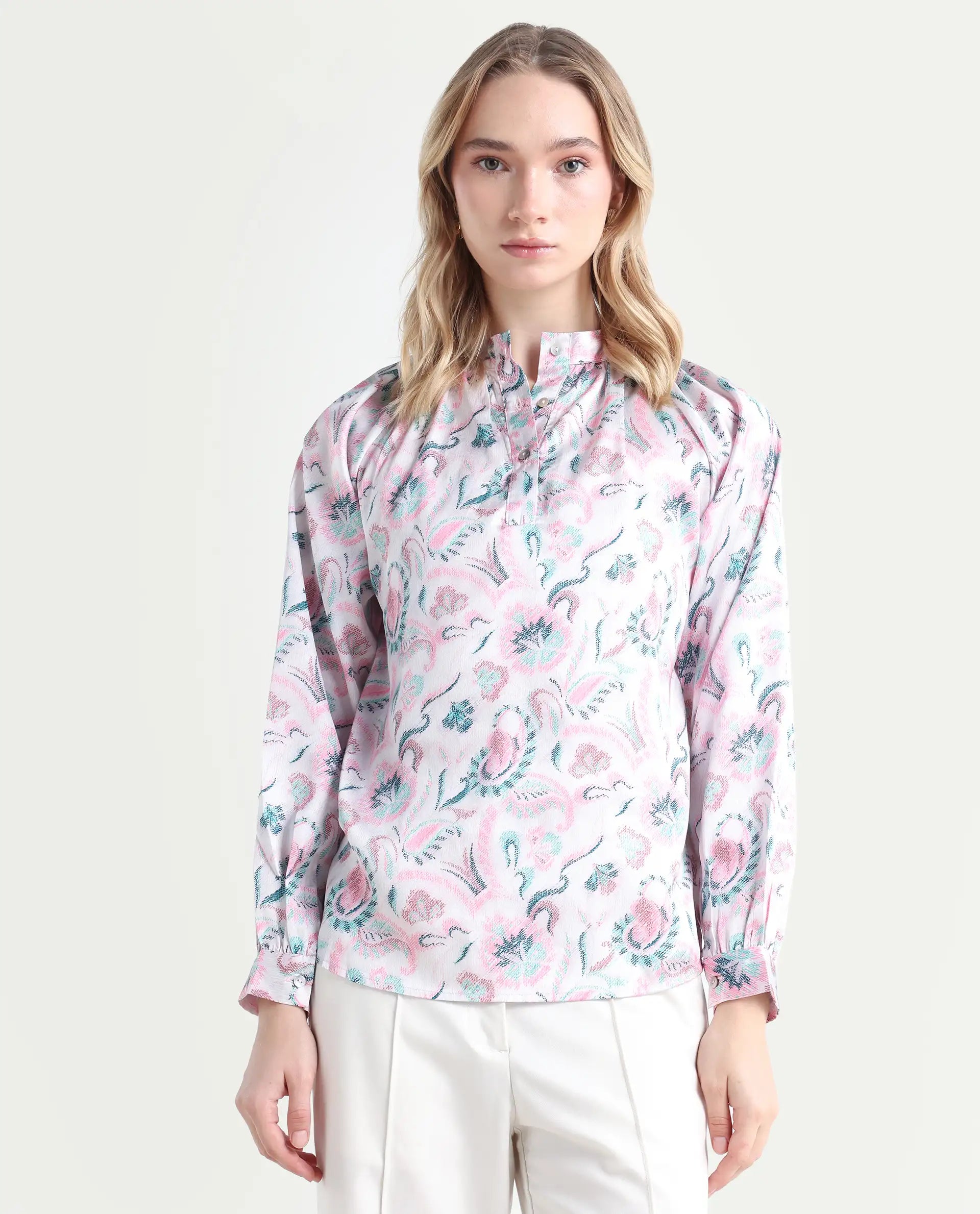 Rareism Women's Aaylinn Multi Polyester Blend High Neck Floral Print Cuffed Sleeve Relaxed Fit Top