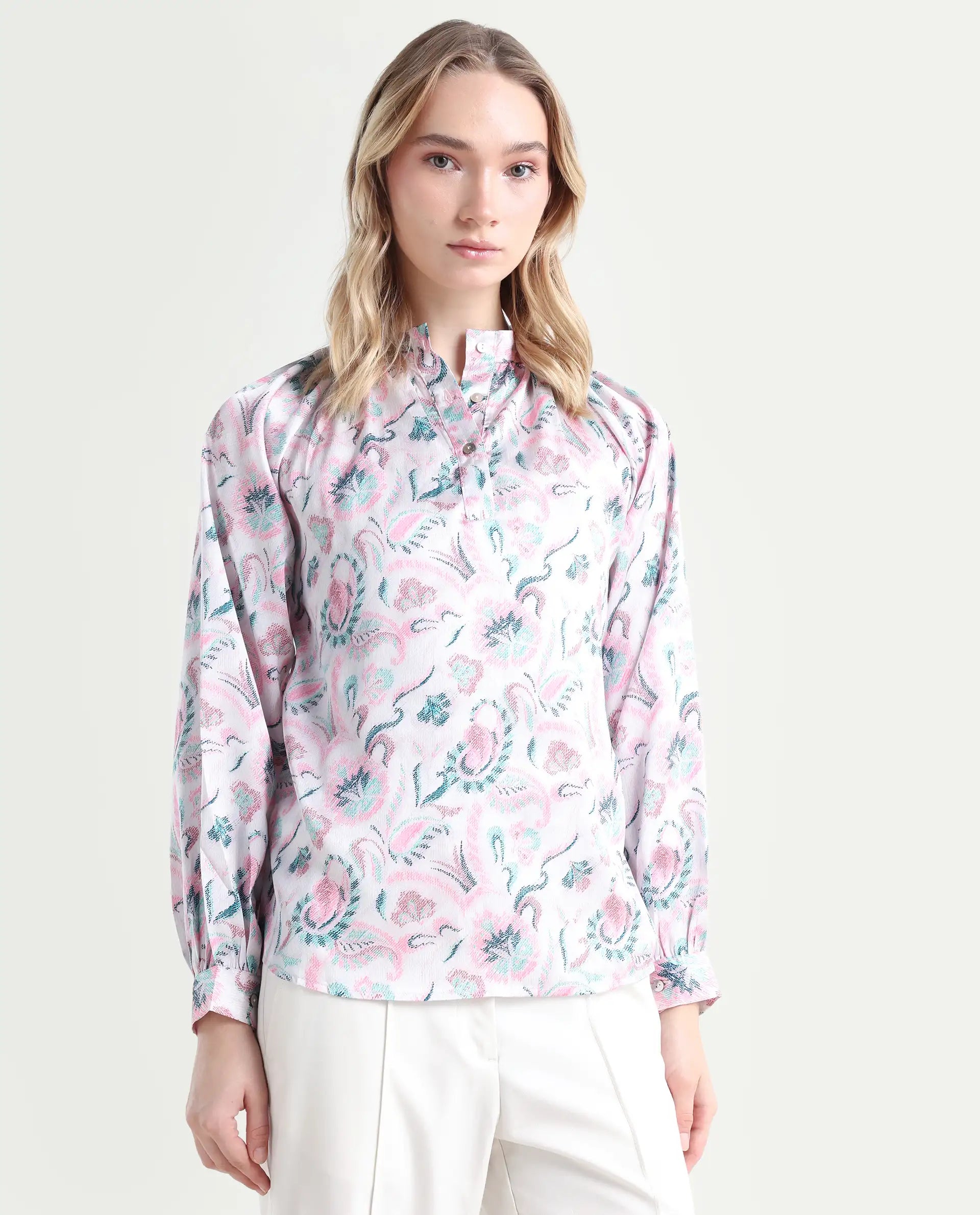 Rareism Women's Aaylinn Multi Polyester Blend High Neck Floral Print Cuffed Sleeve Relaxed Fit Top