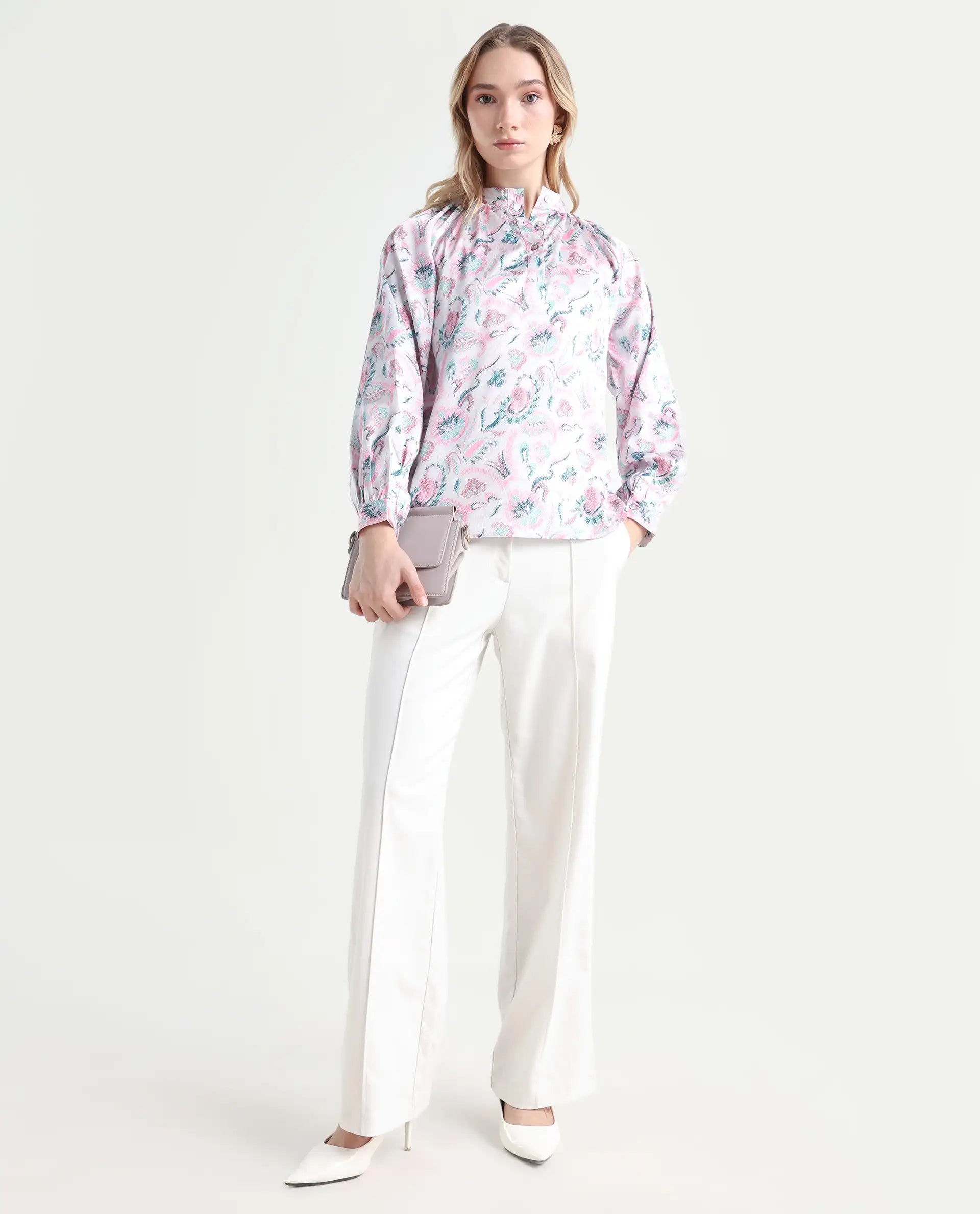 Rareism Women's Aaylinn Multi Polyester Blend High Neck Floral Print Cuffed Sleeve Relaxed Fit Top