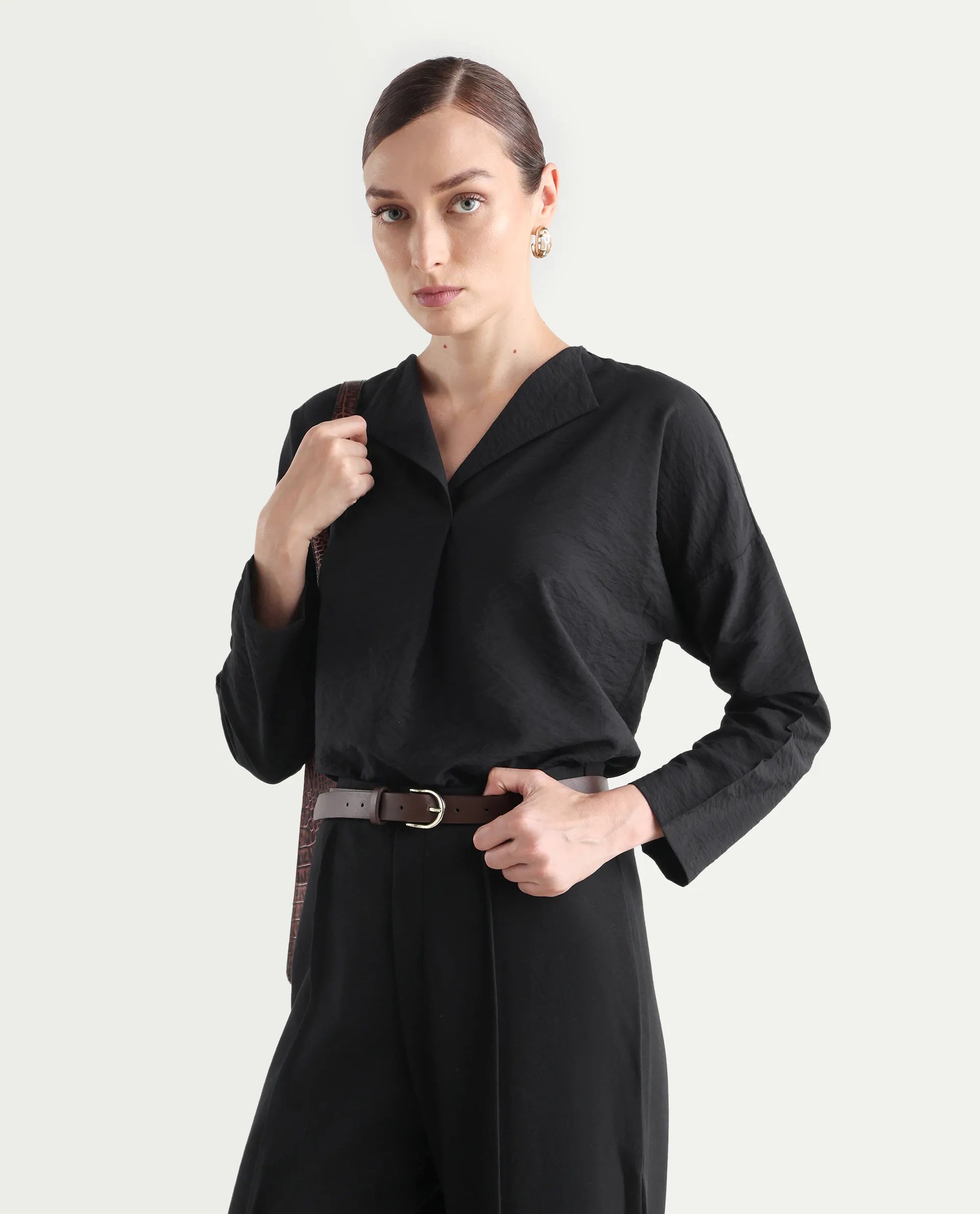 Rareism Women's Drap Black Nylon Blend Lapel Neck Plain Relaxed Fit Top