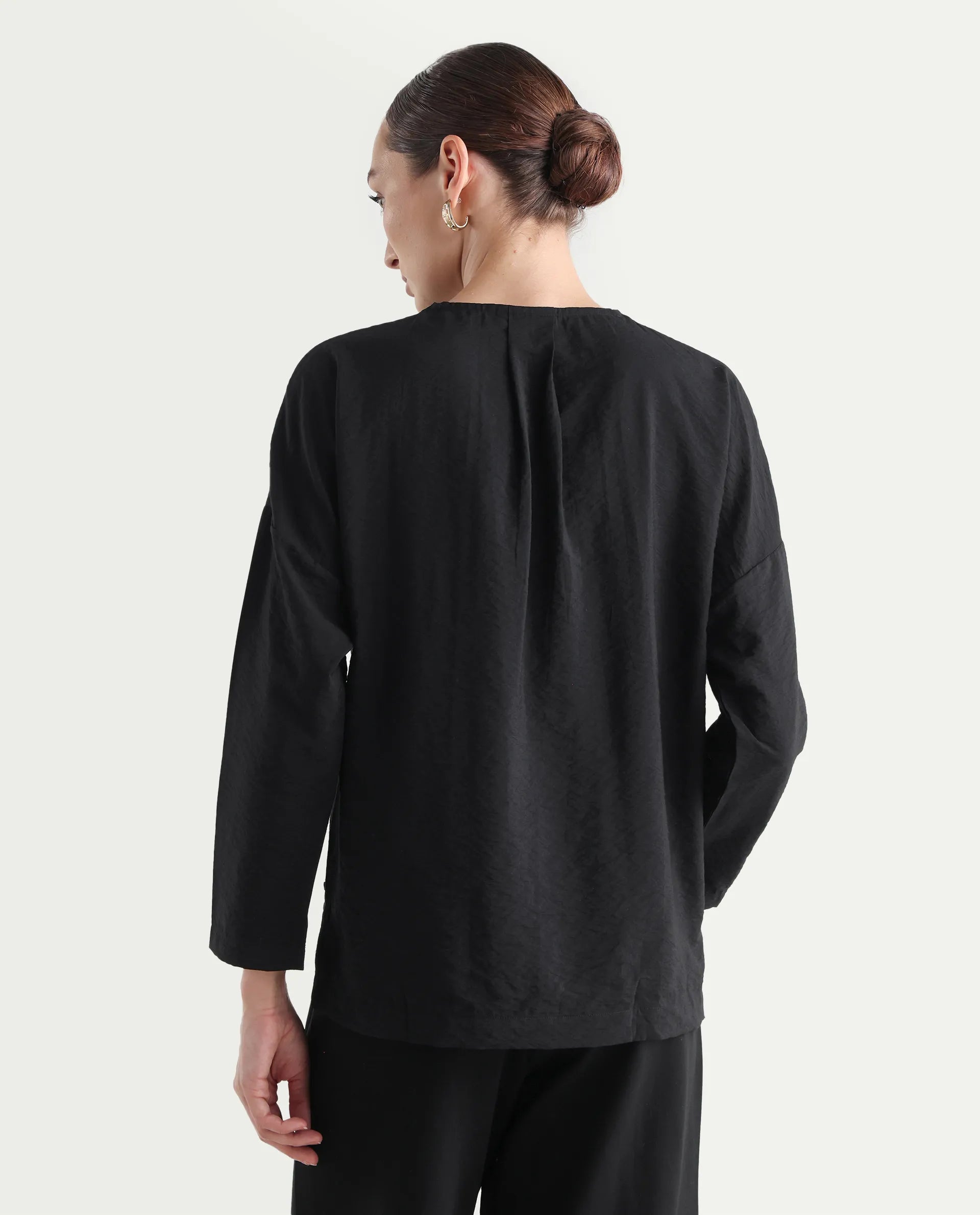 Rareism Women's Drap Black Nylon Blend Lapel Neck Plain Relaxed Fit Top