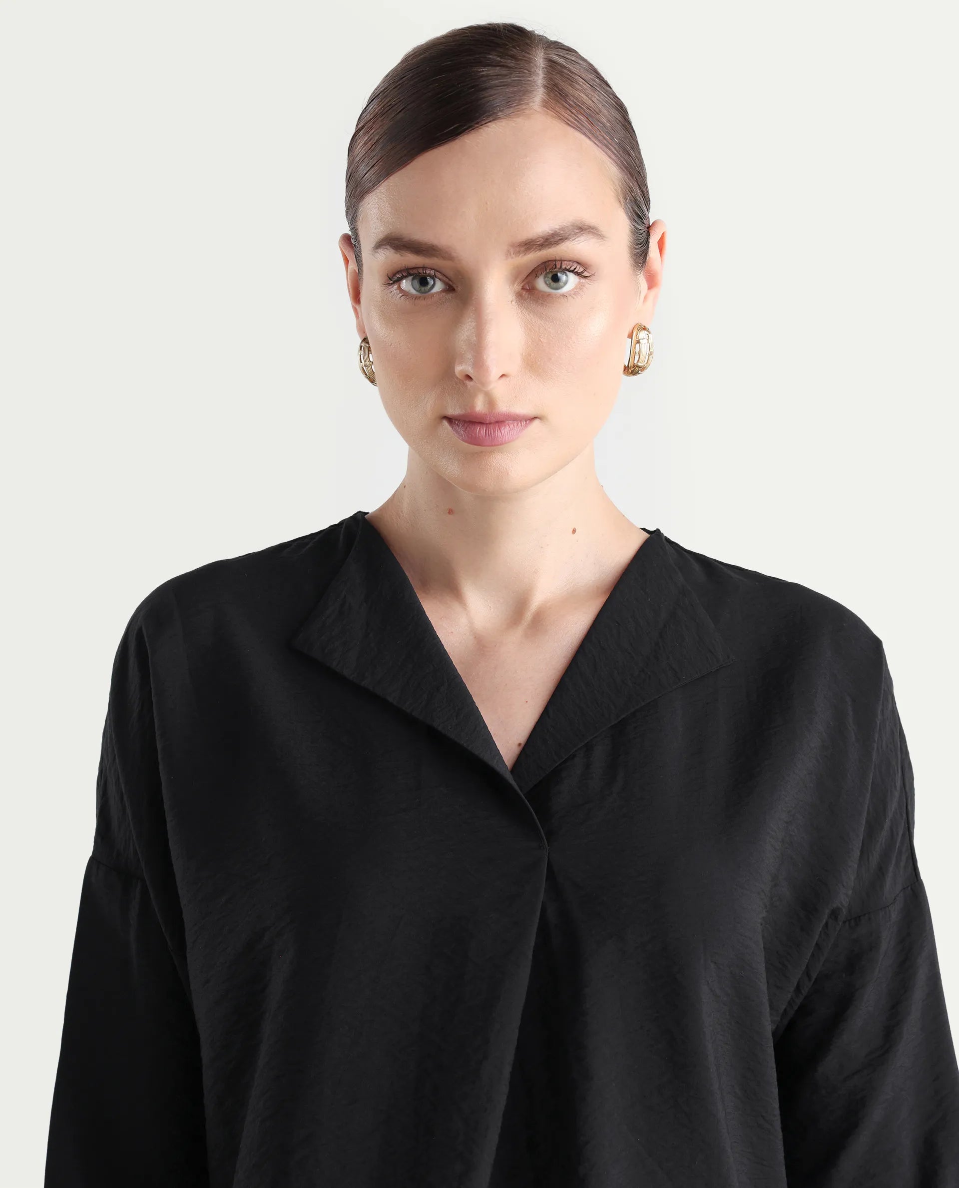Rareism Women's Drap Black Nylon Blend Lapel Neck Plain Relaxed Fit Top