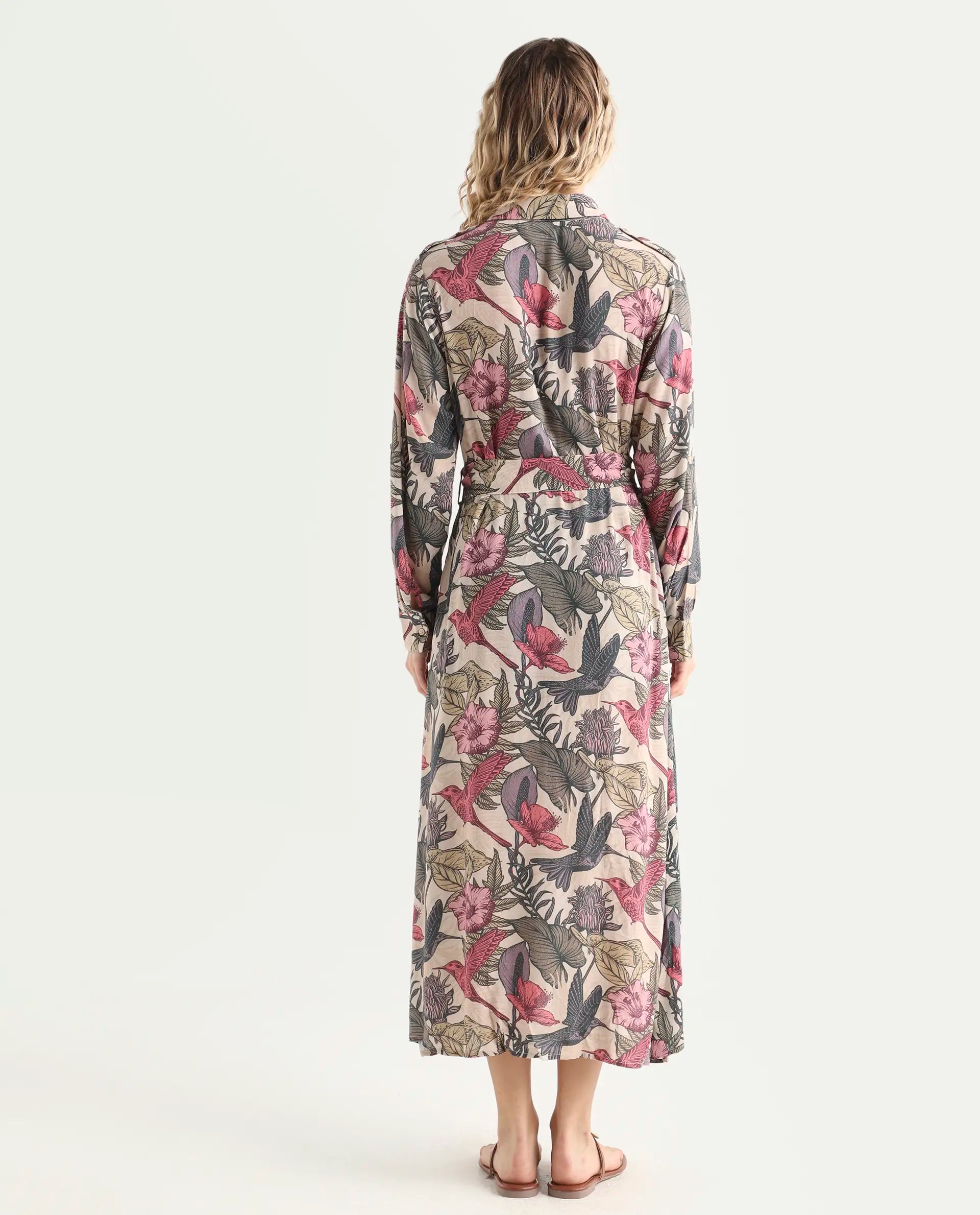 Rareism Women's Korean Multi Moroccan Crepe Drop Collar Abstract Print Cuffed Sleeve Maxi Fit And Flare Dress