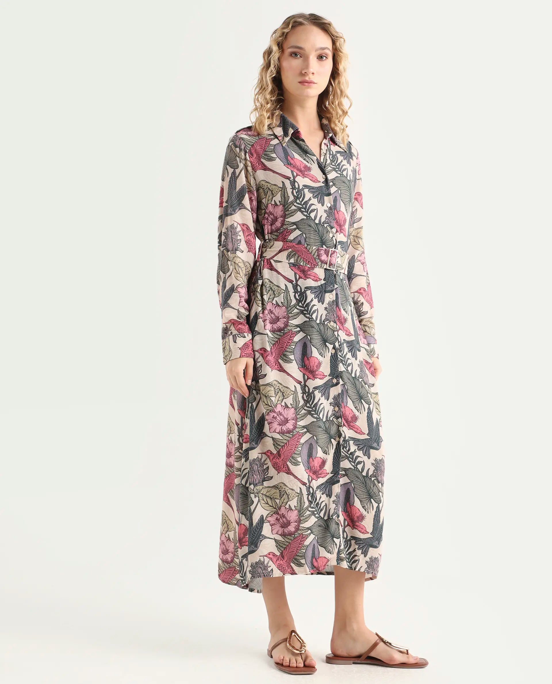 Rareism Women's Korean Multi Moroccan Crepe Drop Collar Abstract Print Cuffed Sleeve Maxi Fit And Flare Dress