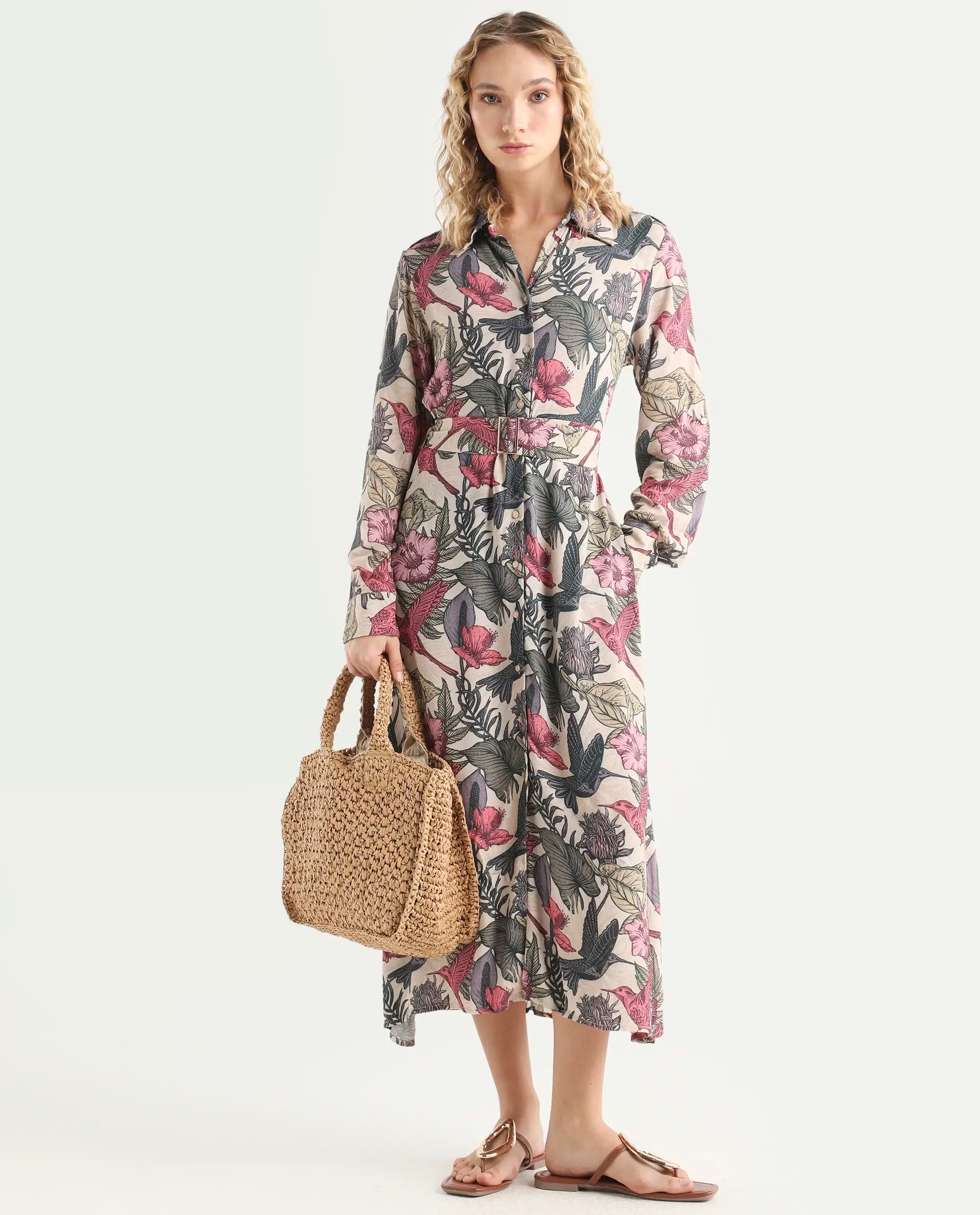 Rareism Women's Korean Multi Moroccan Crepe Drop Collar Abstract Print Cuffed Sleeve Maxi Fit And Flare Dress