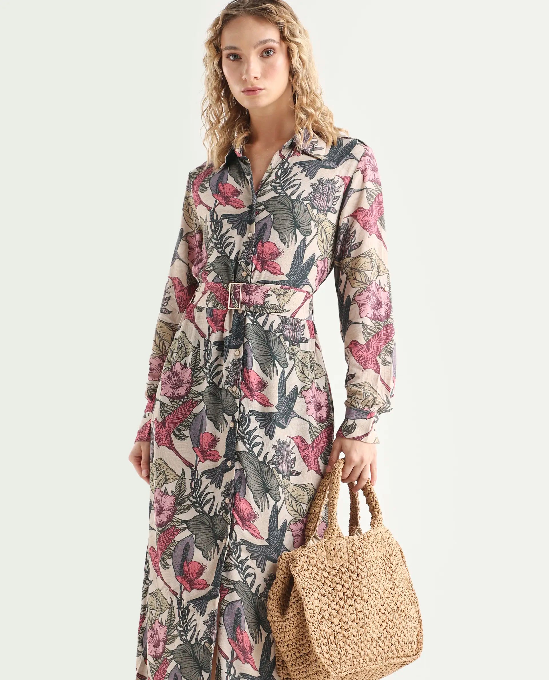 Rareism Women's Korean Multi Moroccan Crepe Drop Collar Abstract Print Cuffed Sleeve Maxi Fit And Flare Dress