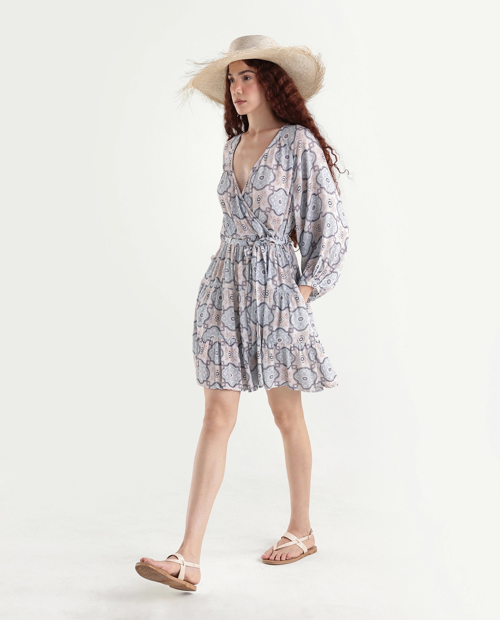 Rareism Women's Mage-Light Blue Rayon Overlap Neck Abstract Print Raglan Sleeve Mini Fit And Flare Dress