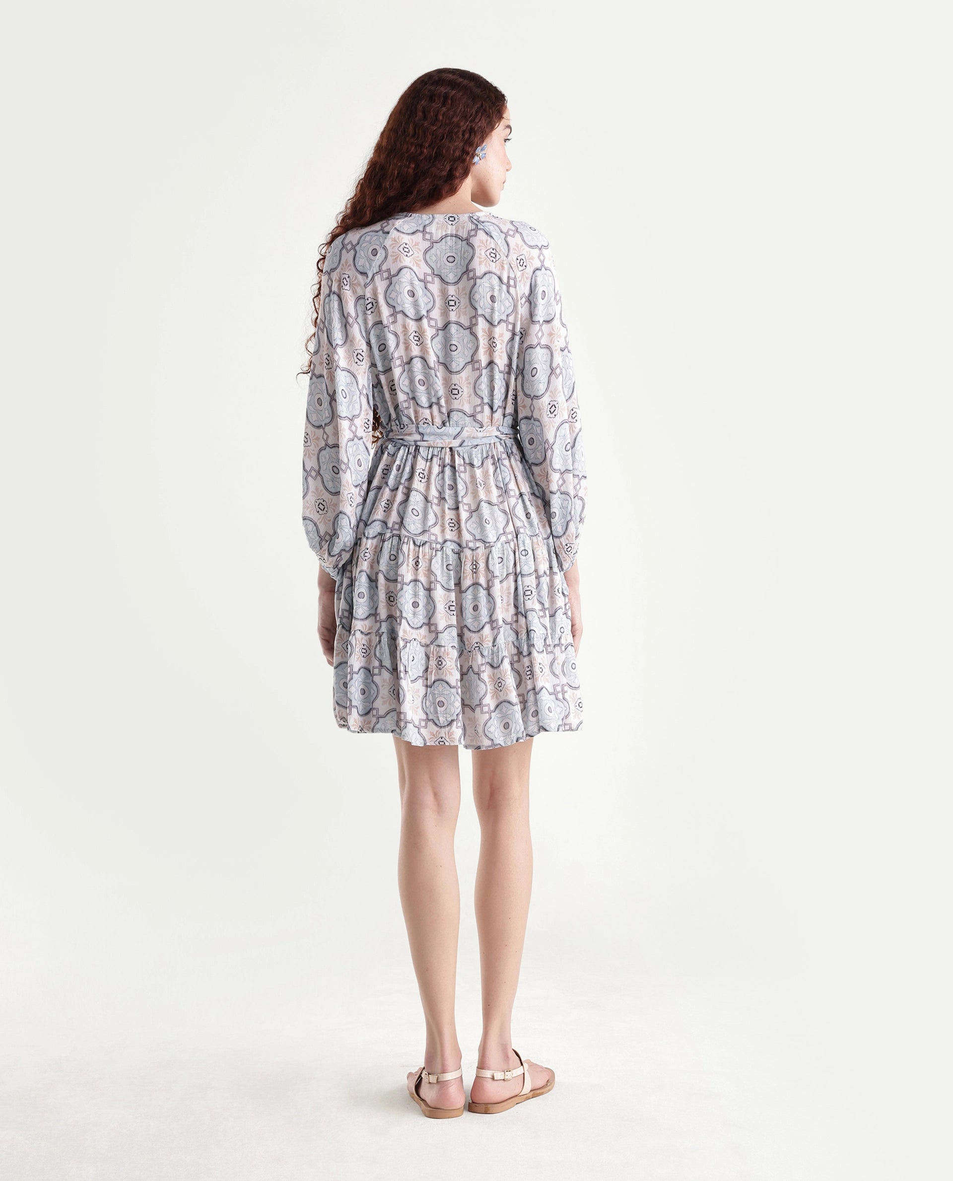 Rareism Women's Mage-Light Blue Rayon Overlap Neck Abstract Print Raglan Sleeve Mini Fit And Flare Dress