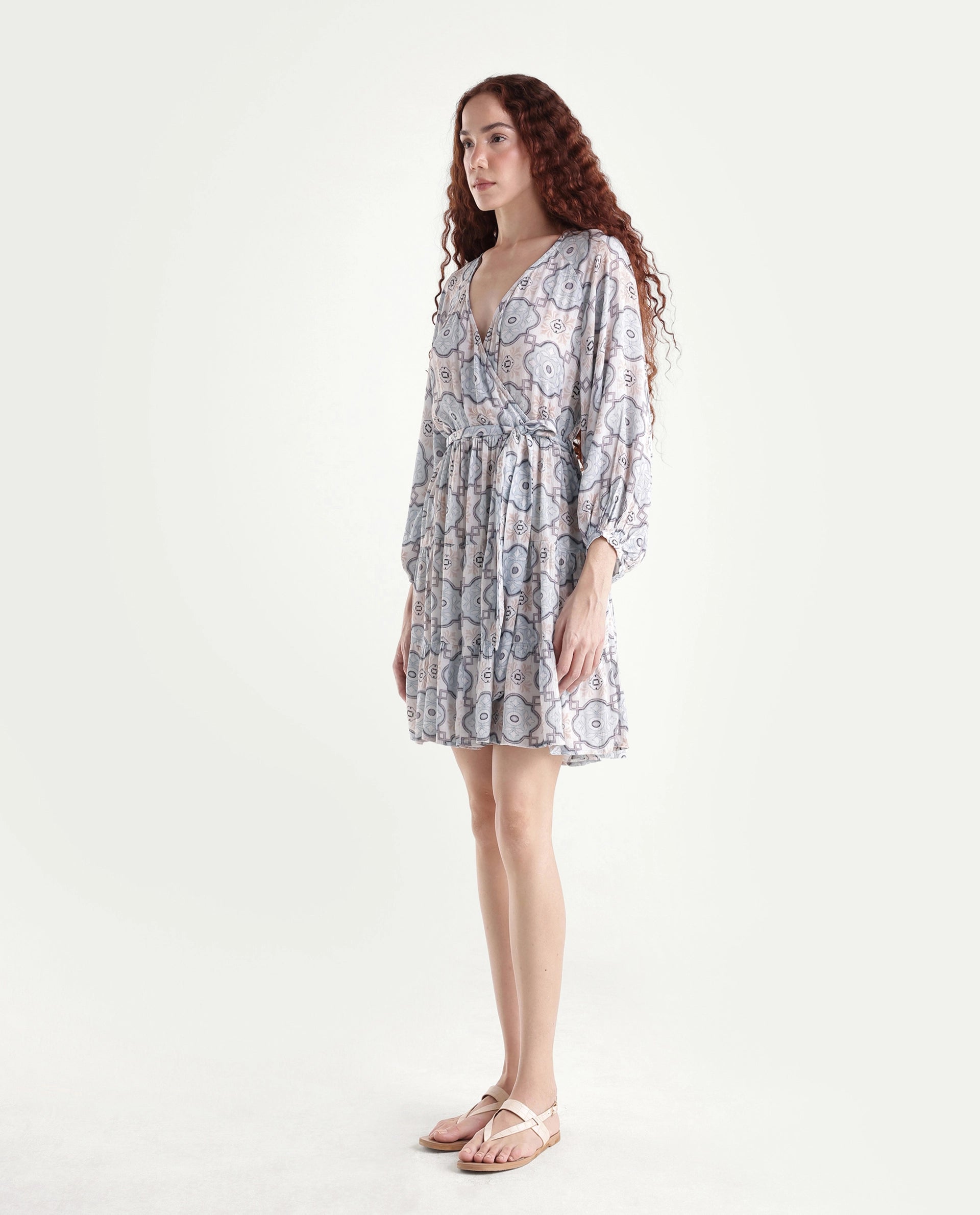 Rareism Women's Mage-Light Blue Rayon Overlap Neck Abstract Print Raglan Sleeve Mini Fit And Flare Dress