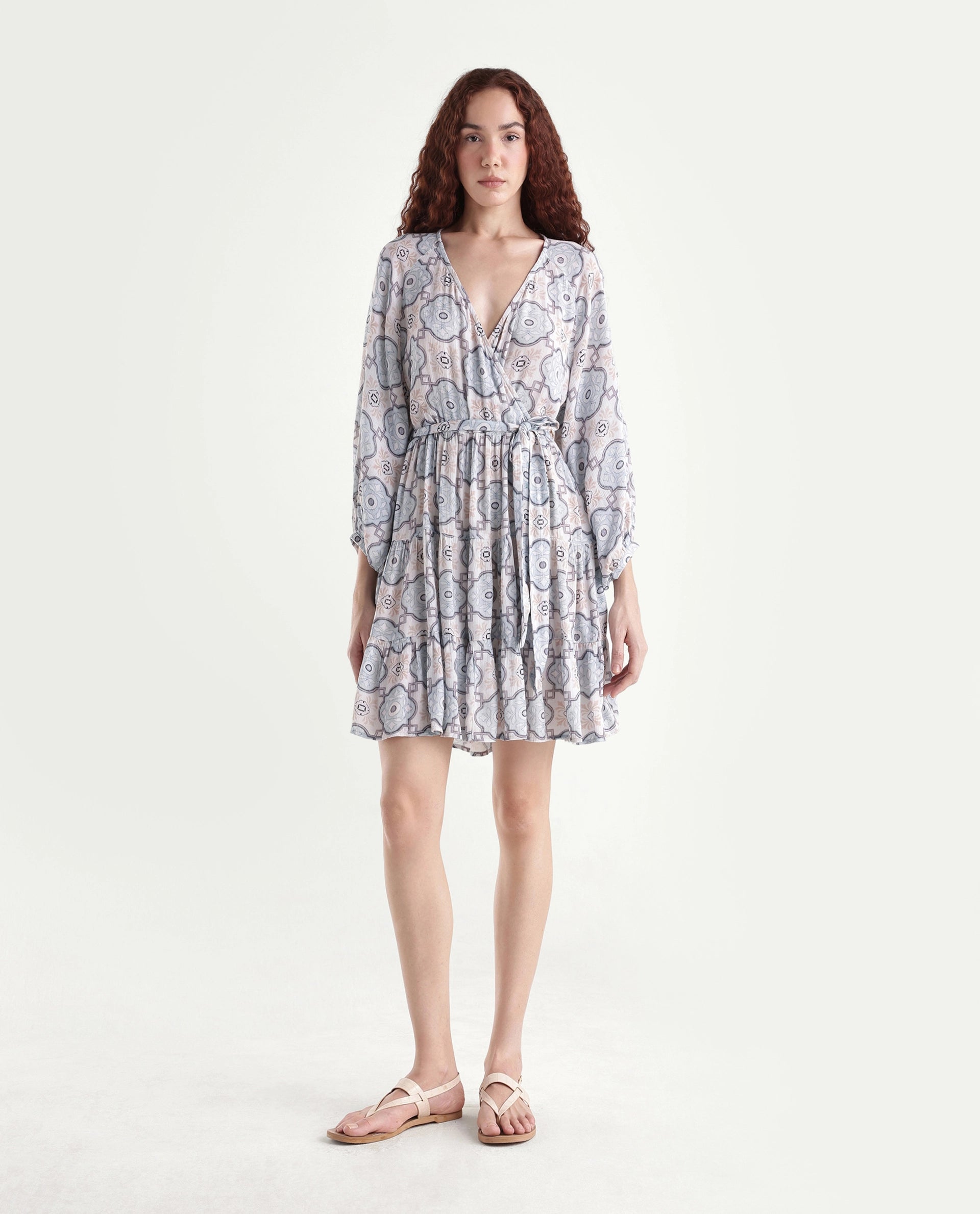 Rareism Women's Mage-Light Blue Rayon Overlap Neck Abstract Print Raglan Sleeve Mini Fit And Flare Dress
