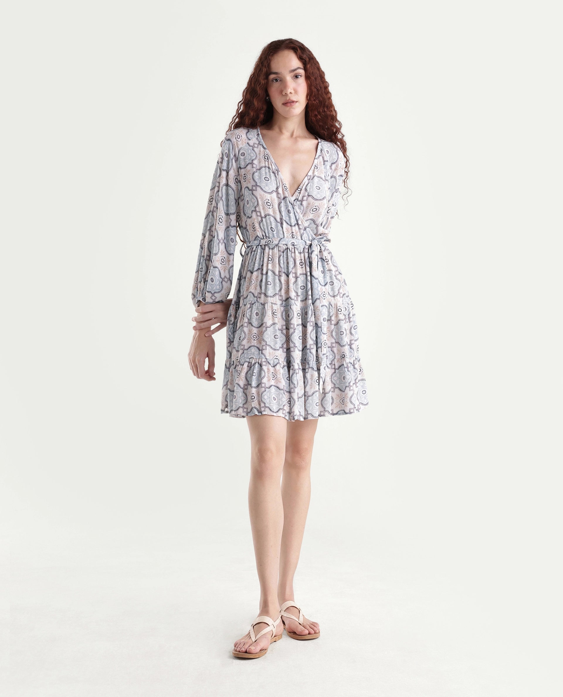 Rareism Women's Mage-Light Blue Rayon Overlap Neck Abstract Print Raglan Sleeve Mini Fit And Flare Dress