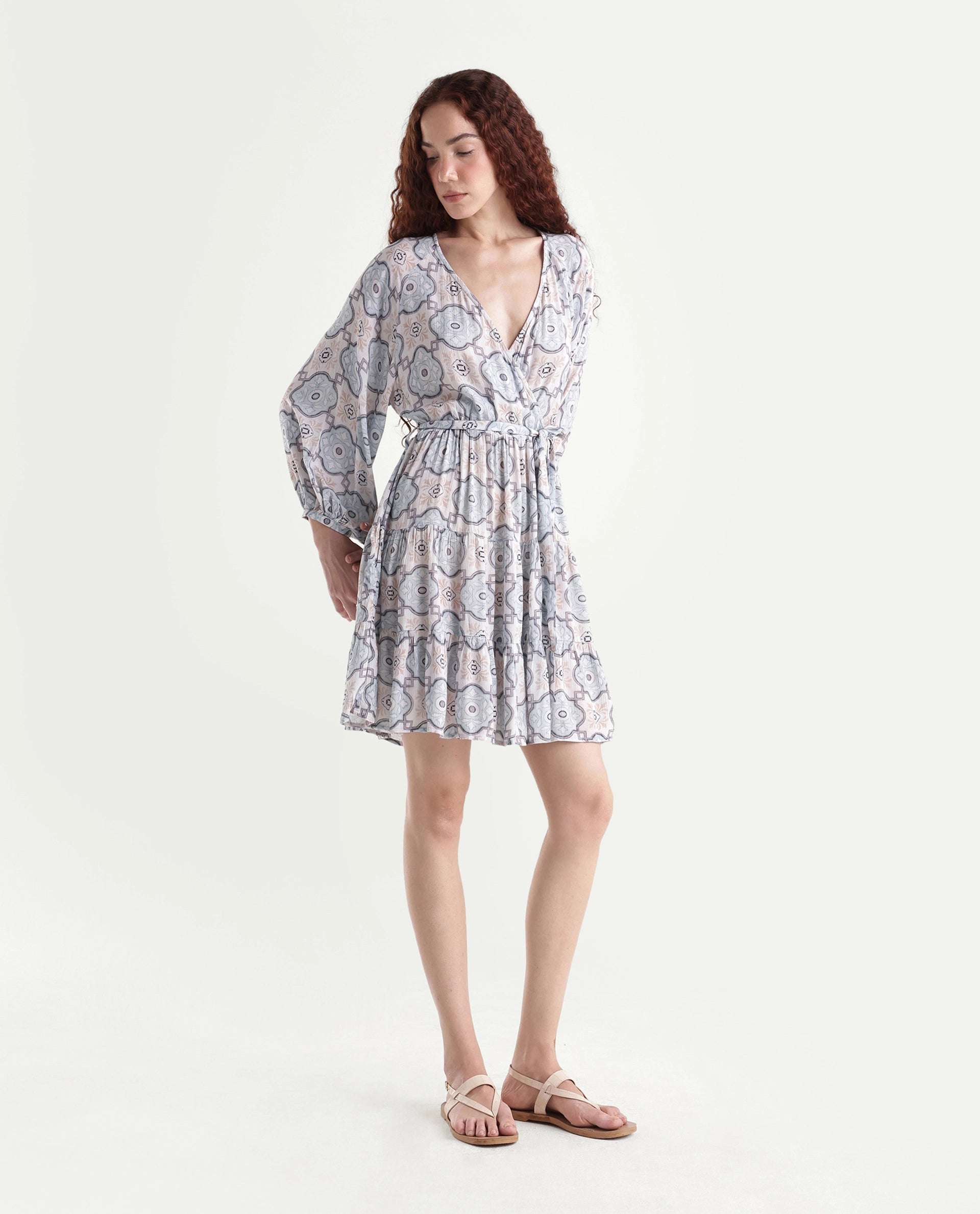 Rareism Women's Mage-Light Blue Rayon Overlap Neck Abstract Print Raglan Sleeve Mini Fit And Flare Dress