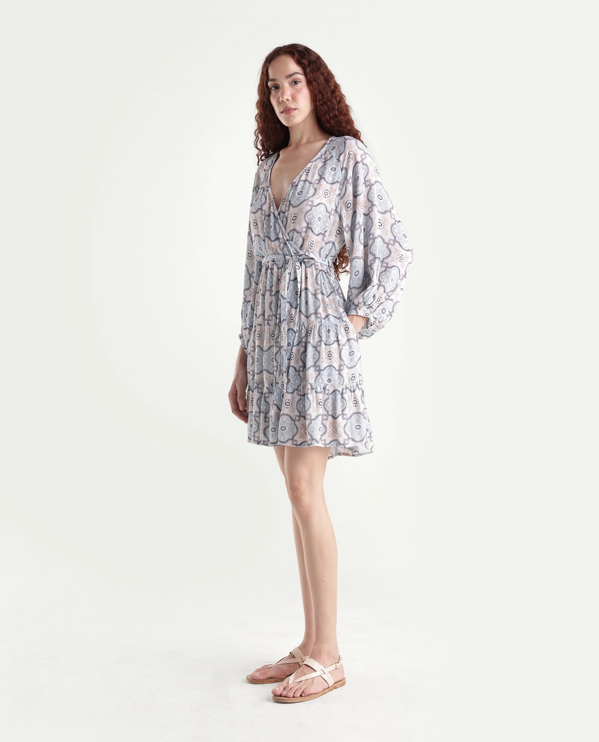 Rareism Women's Mage-Light Blue Rayon Overlap Neck Abstract Print Raglan Sleeve Mini Fit And Flare Dress