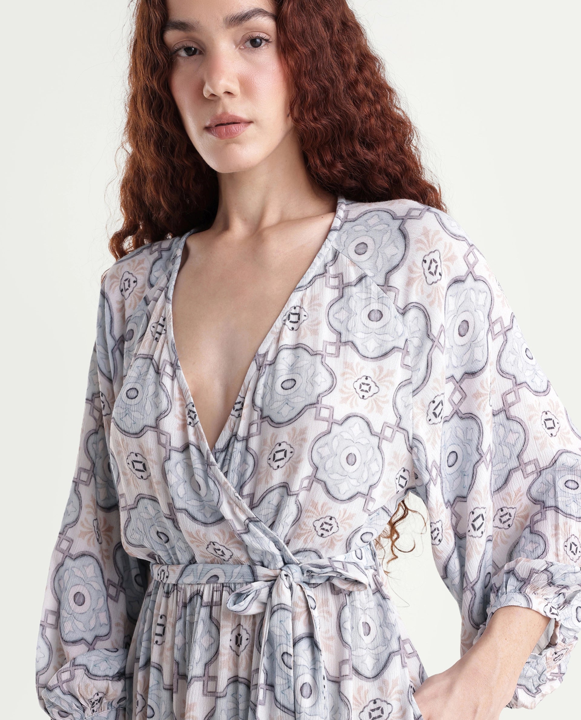 Rareism Women's Mage-Light Blue Rayon Overlap Neck Abstract Print Raglan Sleeve Mini Fit And Flare Dress