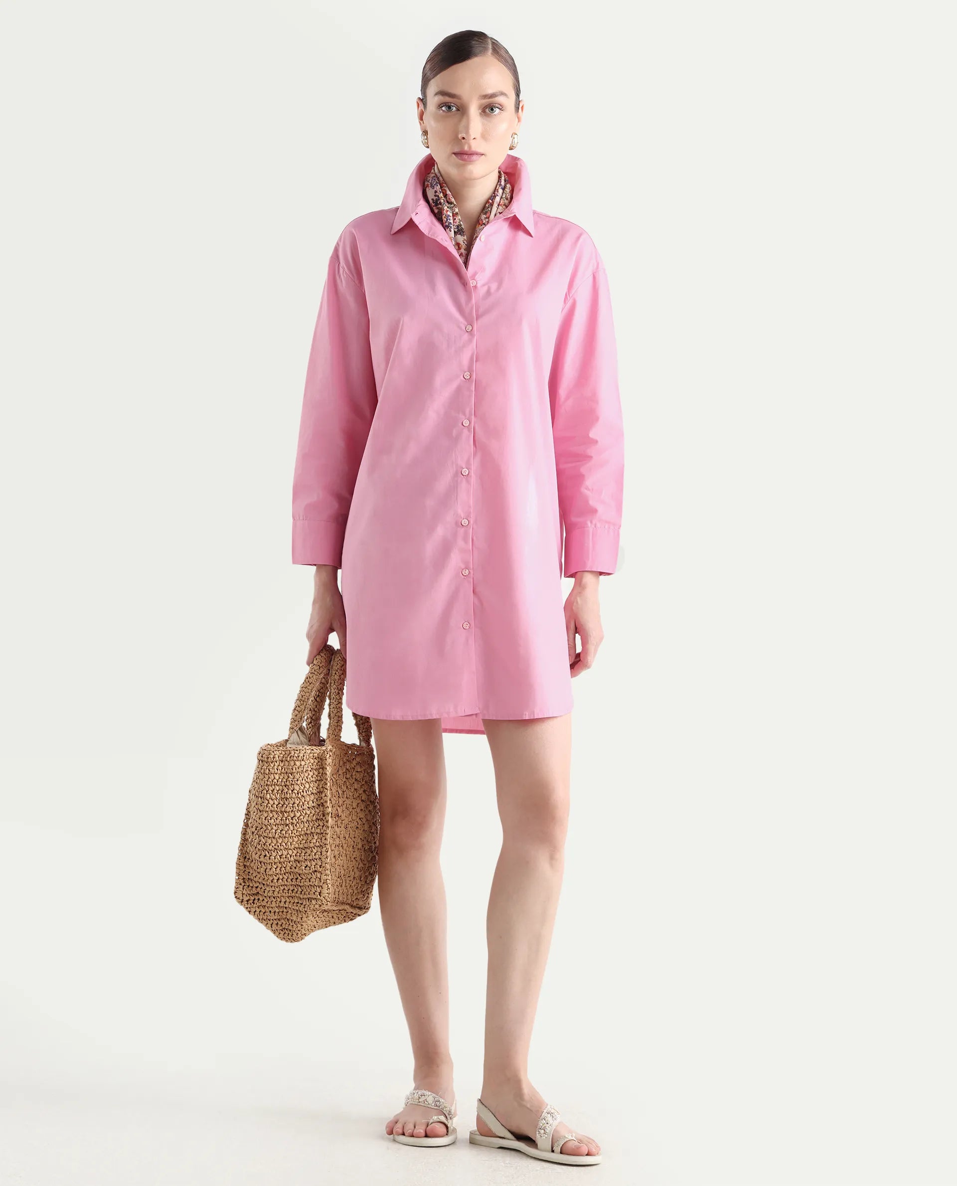 Rareism Women's Krism Light Pink Cotton Drop Collar Plain Cuffed Sleeve Mini Relaxed Fit Dress