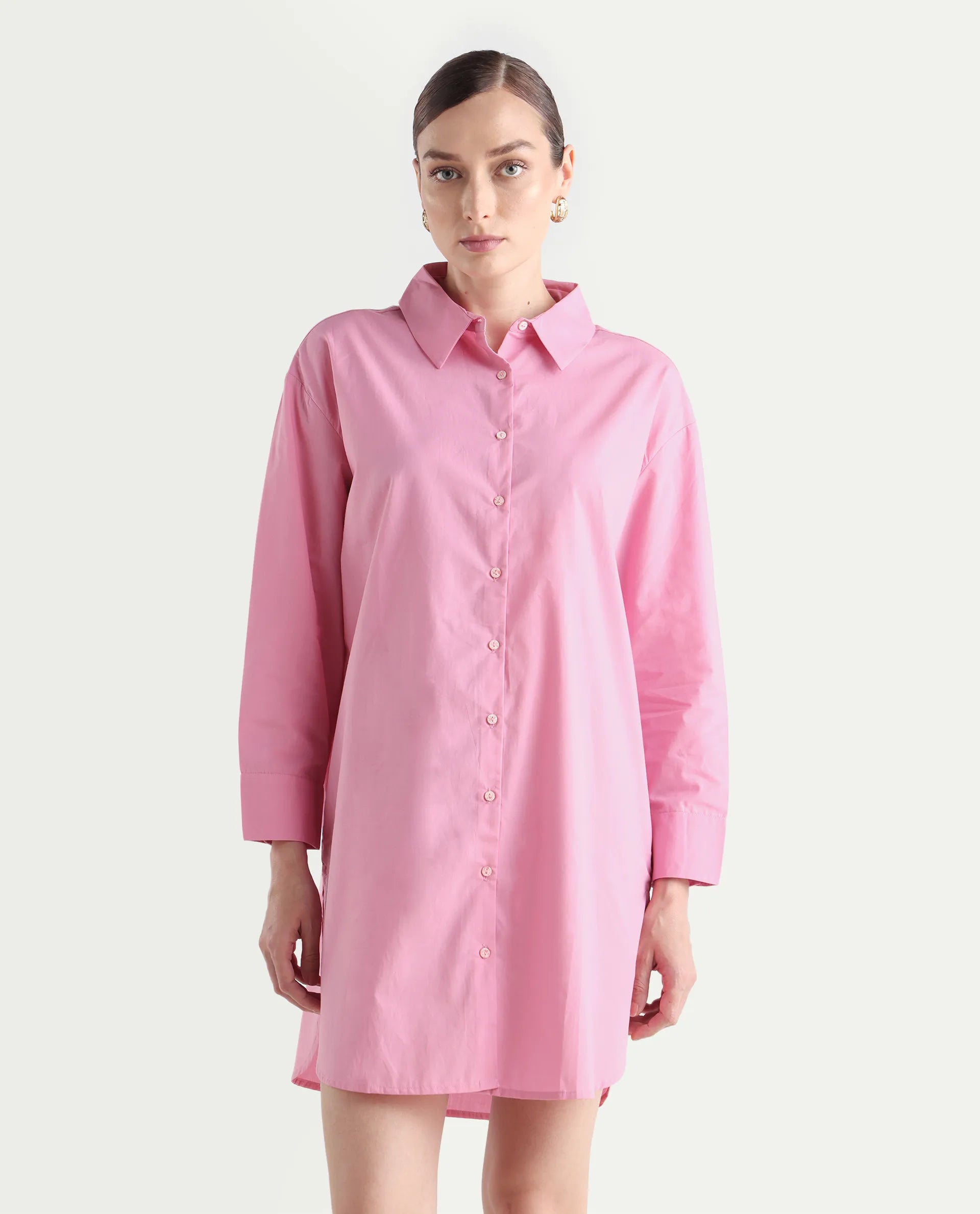 Rareism Women's Krism Light Pink Cotton Drop Collar Plain Cuffed Sleeve Mini Relaxed Fit Dress