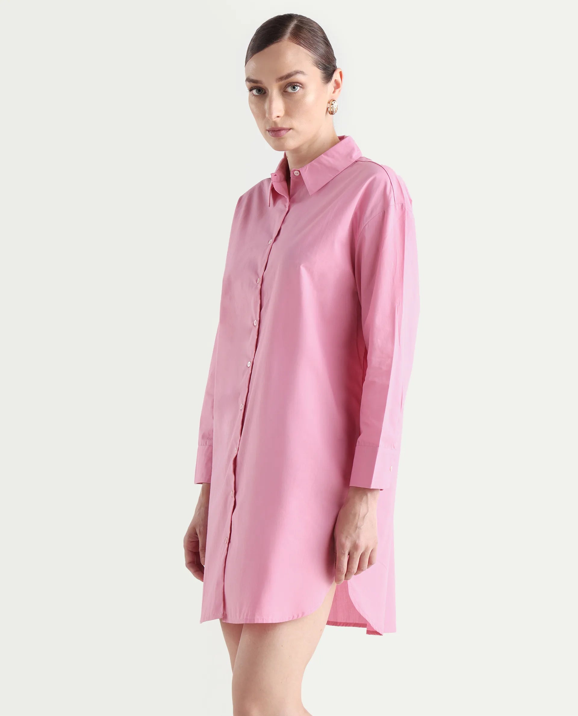 Rareism Women's Krism Light Pink Cotton Drop Collar Plain Cuffed Sleeve Mini Relaxed Fit Dress