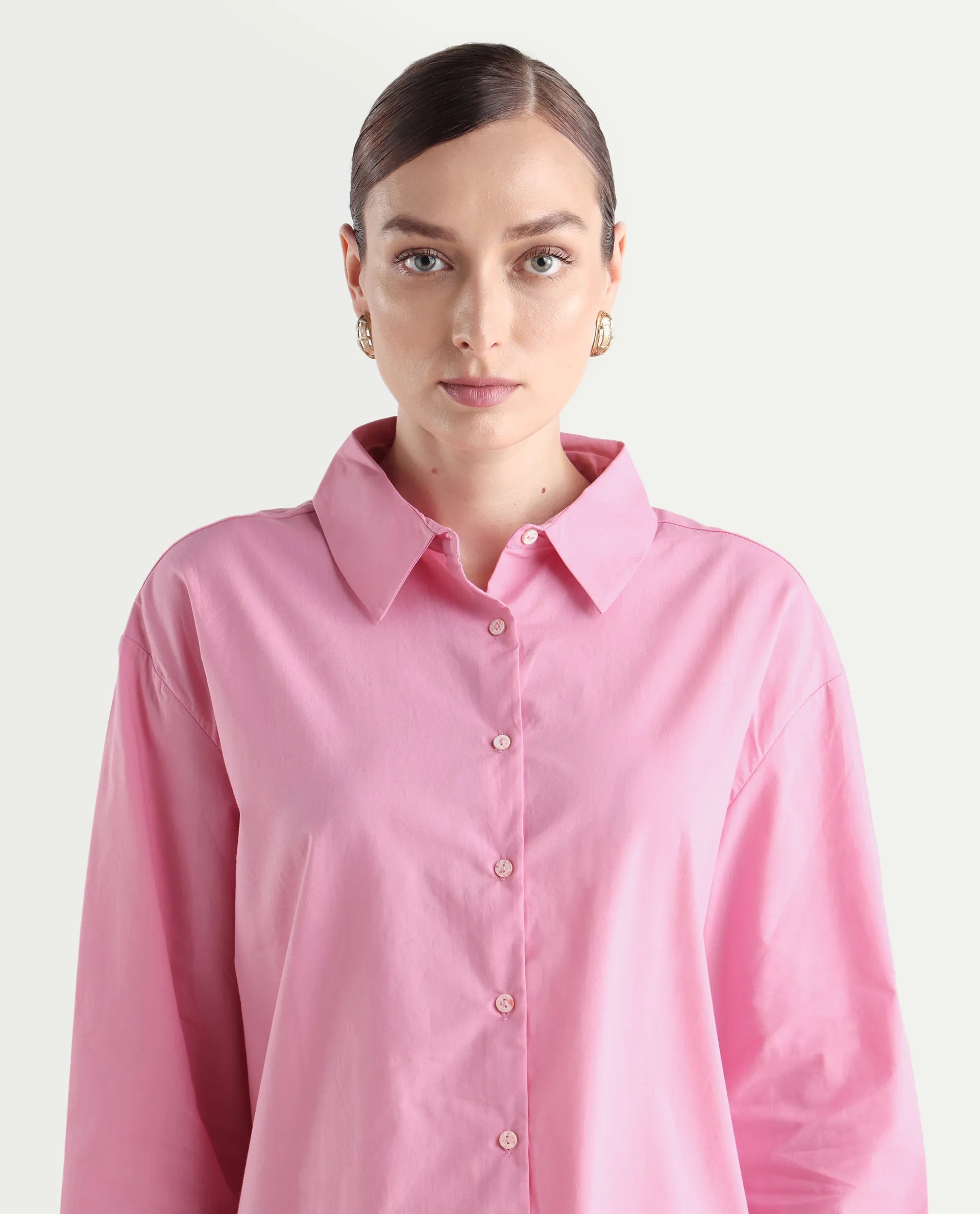 Rareism Women's Krism Light Pink Cotton Drop Collar Plain Cuffed Sleeve Mini Relaxed Fit Dress