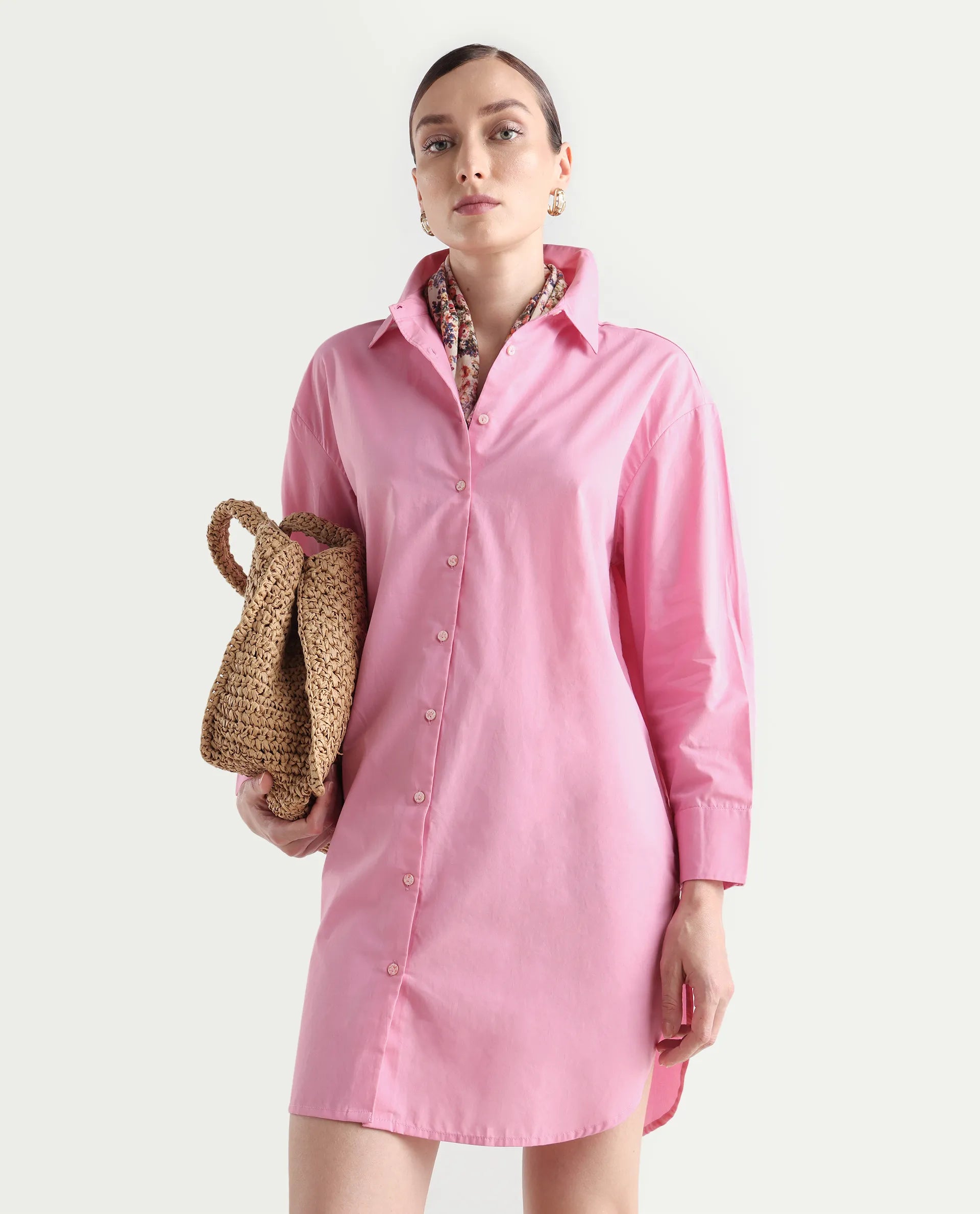 Rareism Women's Krism Light Pink Cotton Drop Collar Plain Cuffed Sleeve Mini Relaxed Fit Dress
