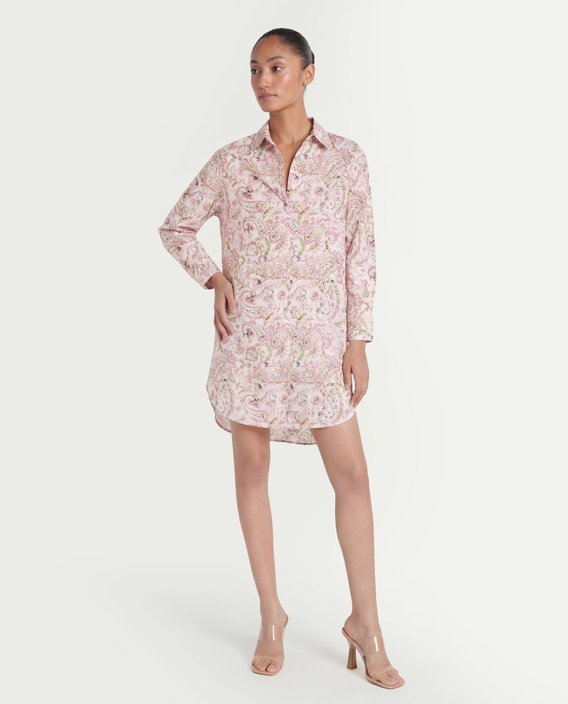 Rareism Women's Morr Light Multi Cotton Drop Collar Paisley Print Cuffed Sleeve Mini Relaxed Fit Dress