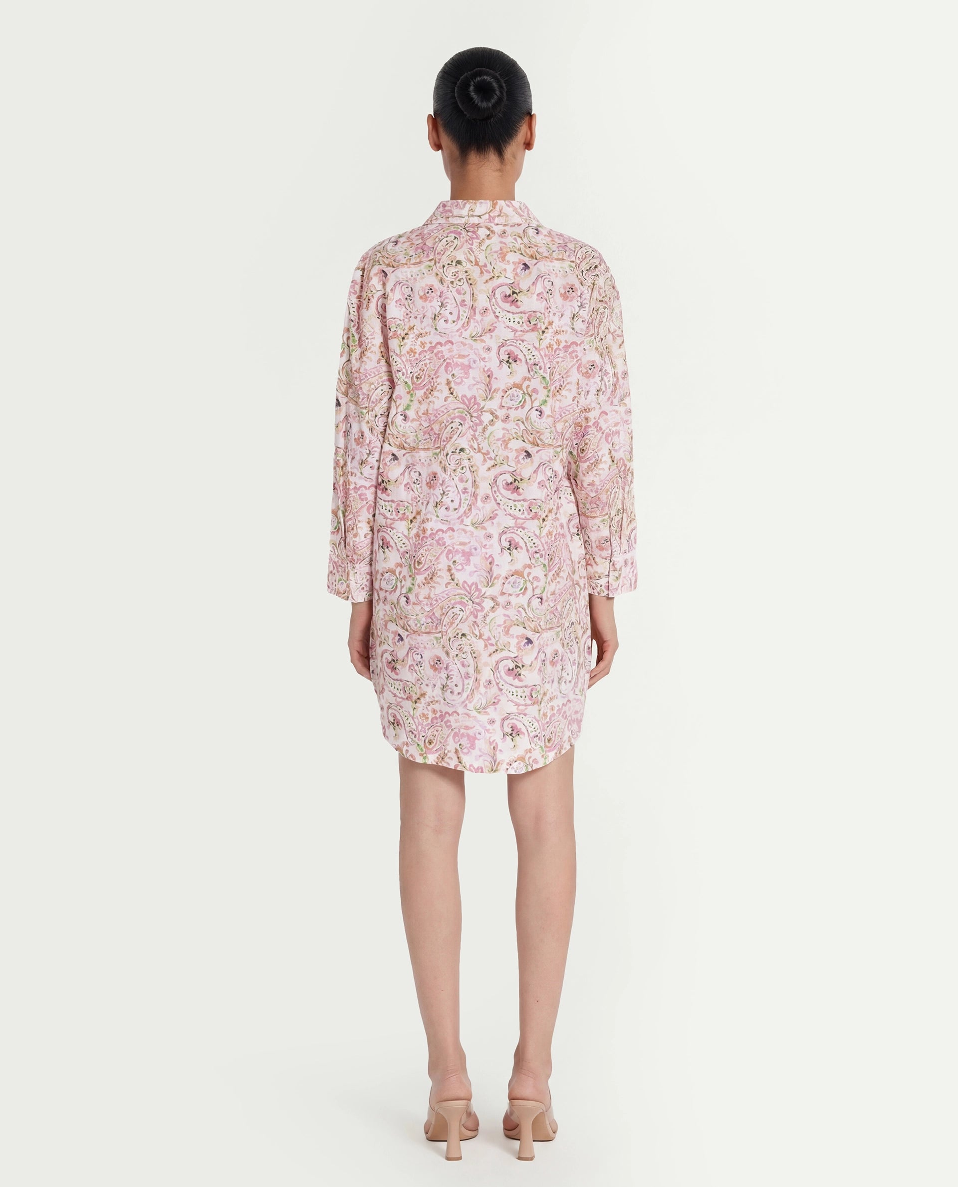 Rareism Women's Morr Light Multi Cotton Drop Collar Paisley Print Cuffed Sleeve Mini Relaxed Fit Dress