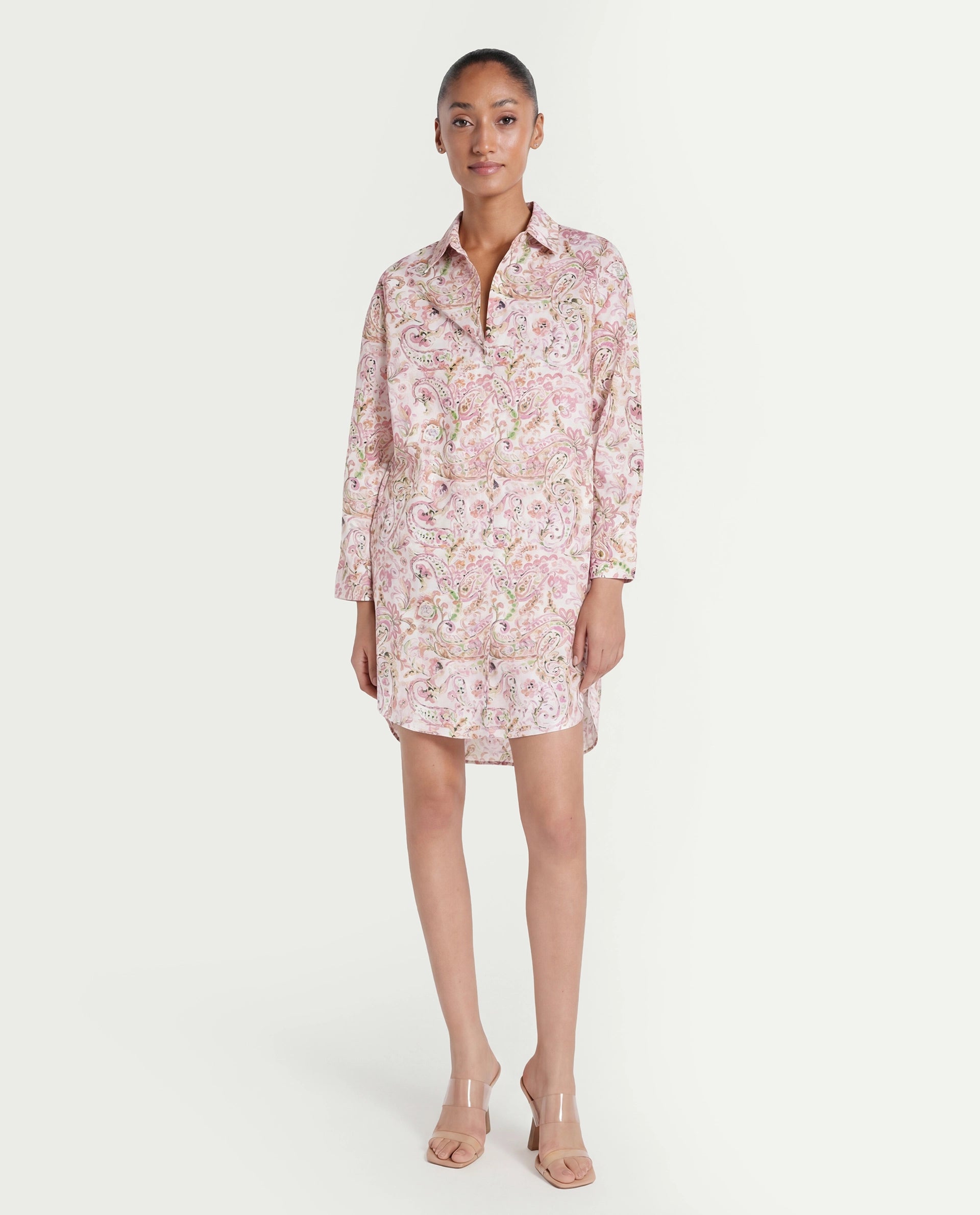 Rareism Women's Morr Light Multi Cotton Drop Collar Paisley Print Cuffed Sleeve Mini Relaxed Fit Dress