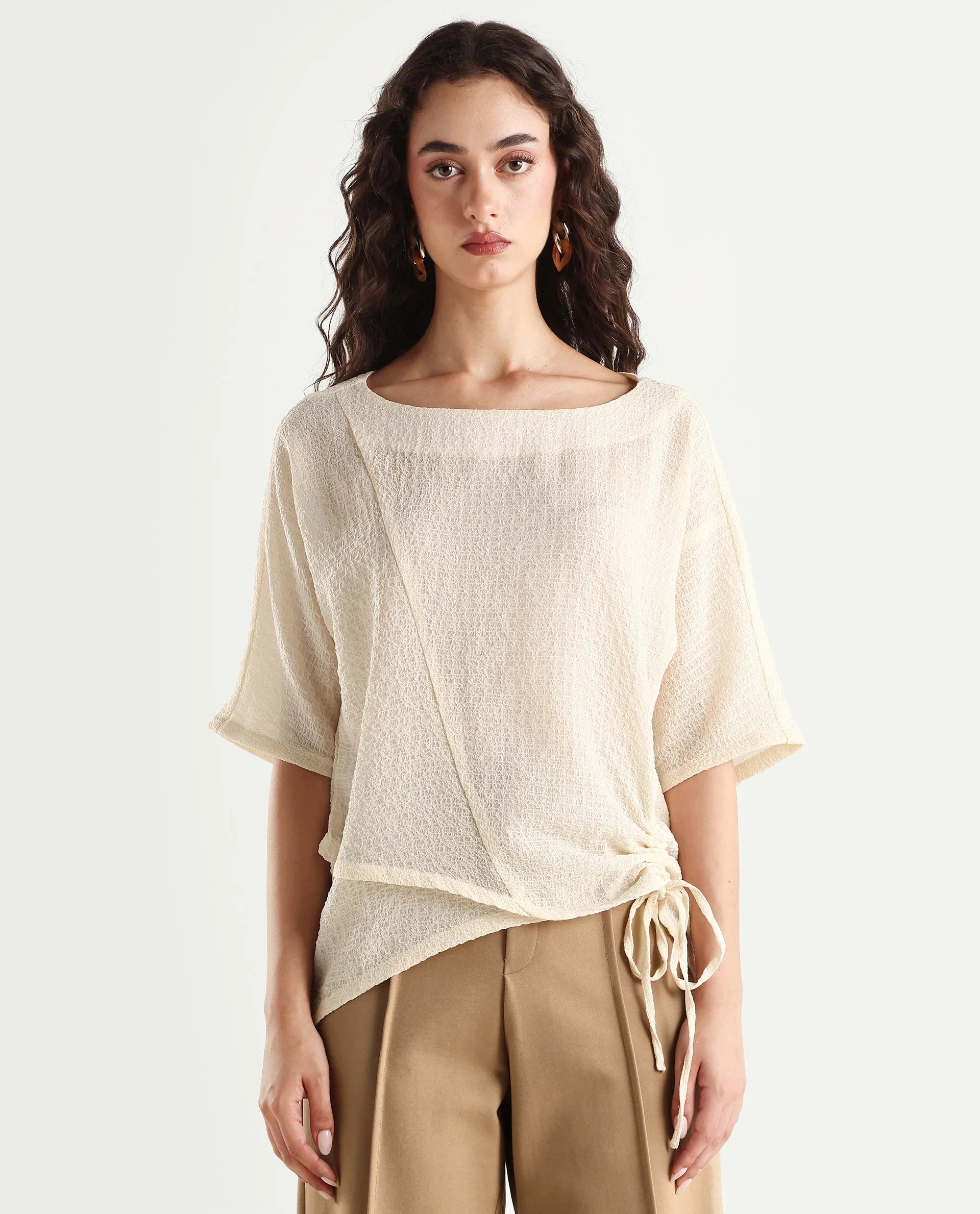 Rareism Women's Texmer Beige Polyester Boat Neck Plain Regular Fit Top