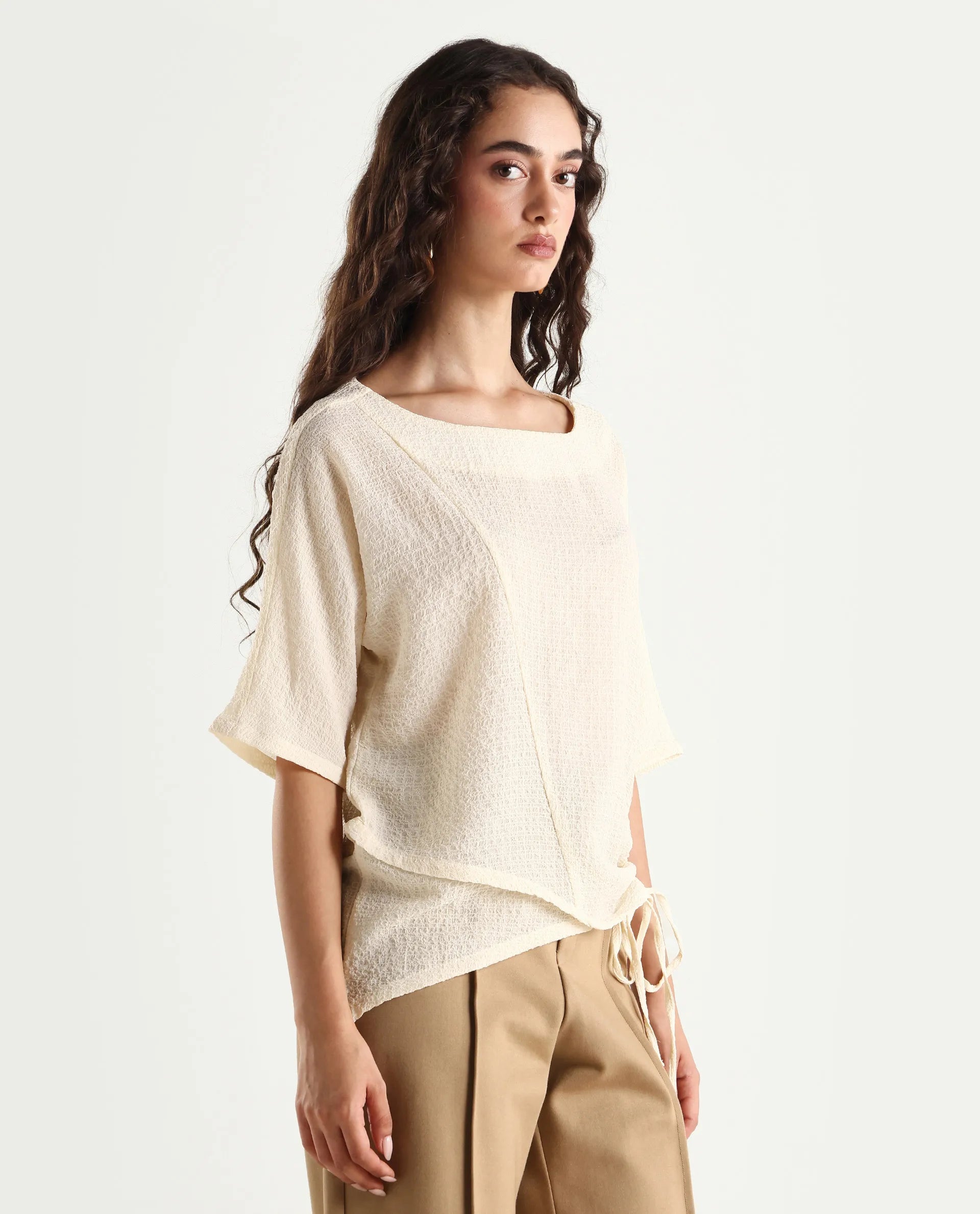 Rareism Women's Texmer Beige Polyester Boat Neck Plain Regular Fit Top