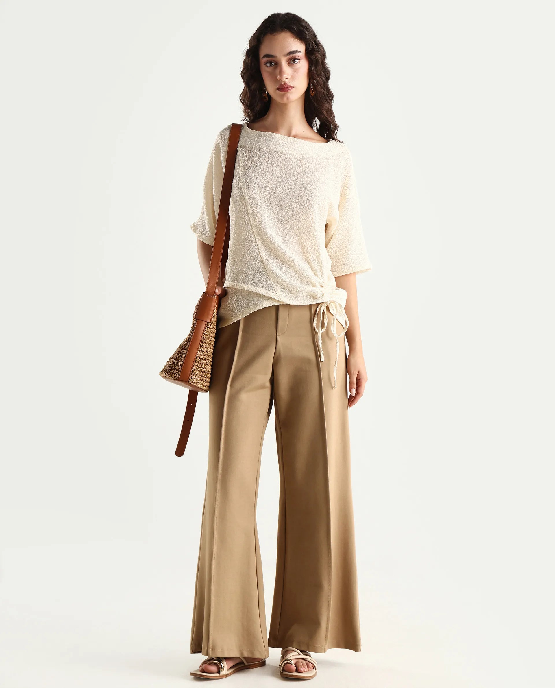 Rareism Women's Texmer Beige Polyester Boat Neck Plain Regular Fit Top