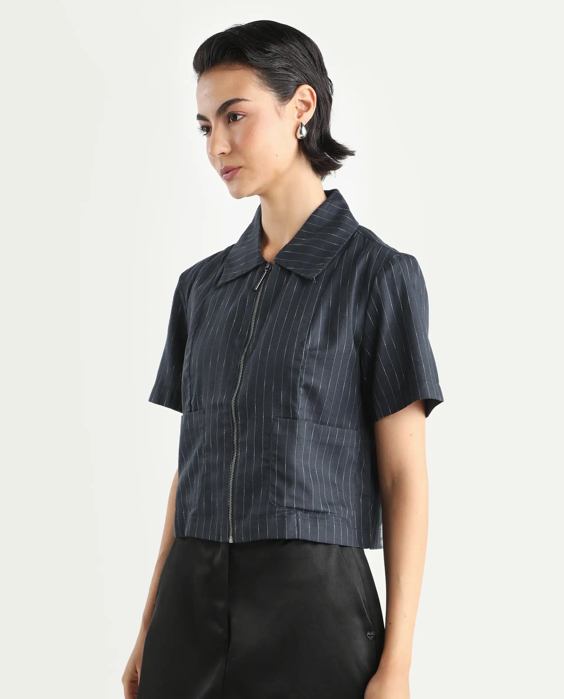 Rareism Women's Klapo Black Viscose Blend Drop Collar Striped Crop Regular Fit Top