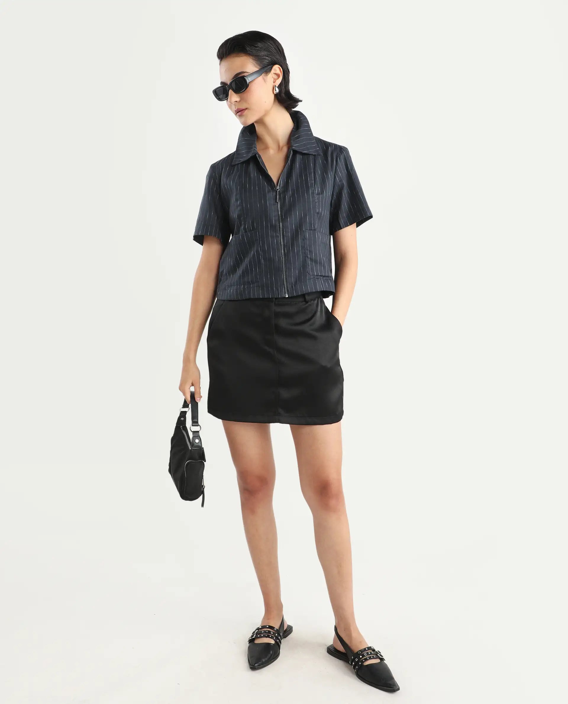 Rareism Women's Klapo Black Viscose Blend Drop Collar Striped Crop Regular Fit Top