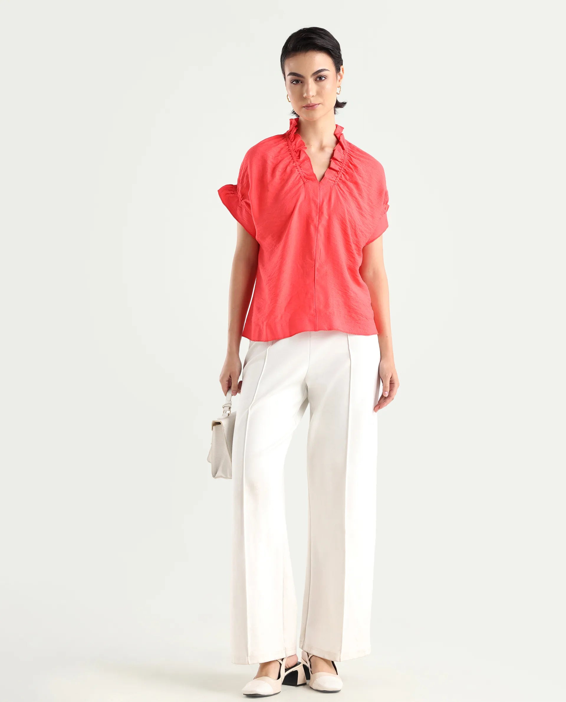 Rareism Women's Tichi Orange Viscose Blend V-Neck Plain Extended Sleeves Regular Fit Top