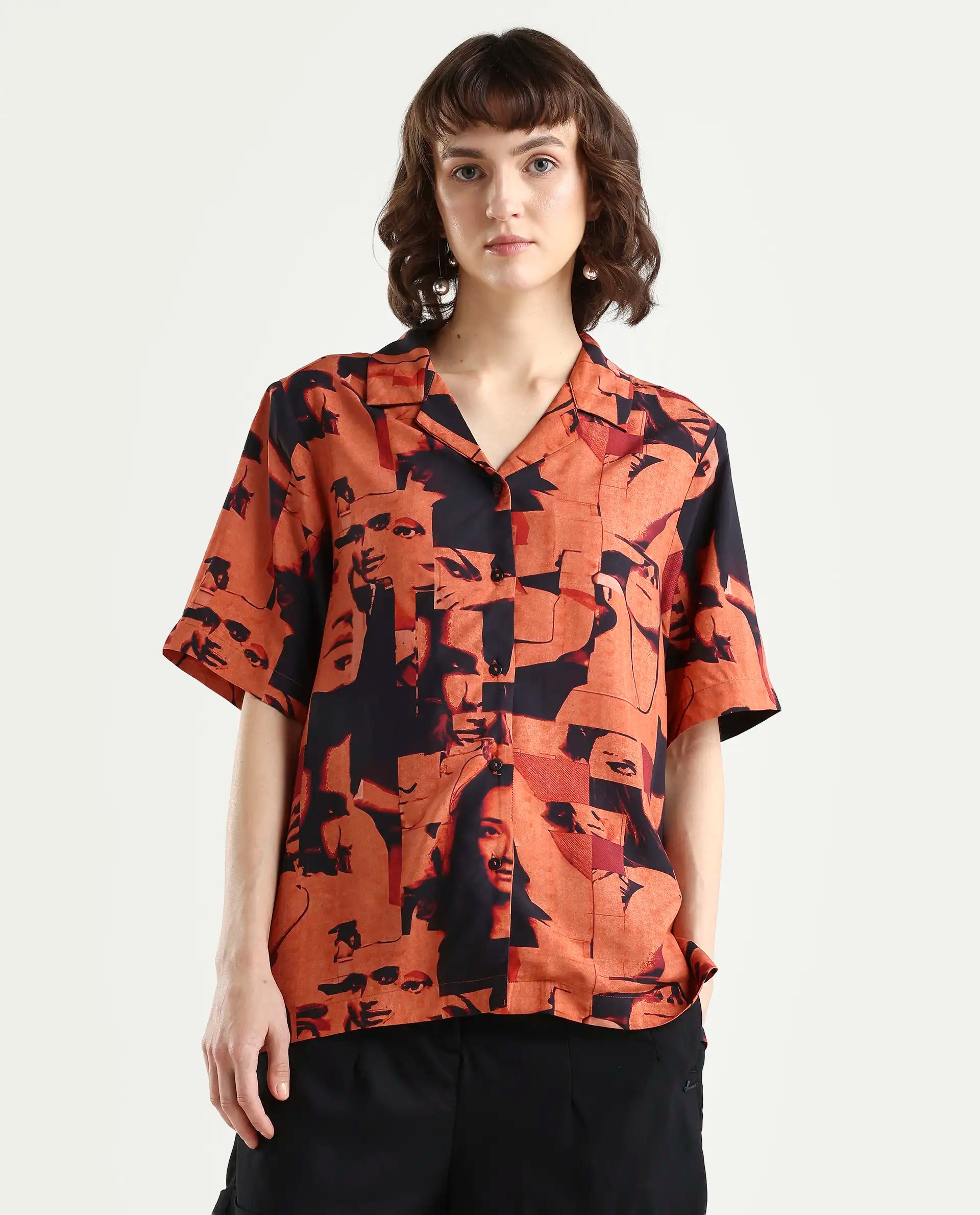 Rareism Women's Hagen Brown Viscose Spread Collar Abstract Print Relaxed Fit Top