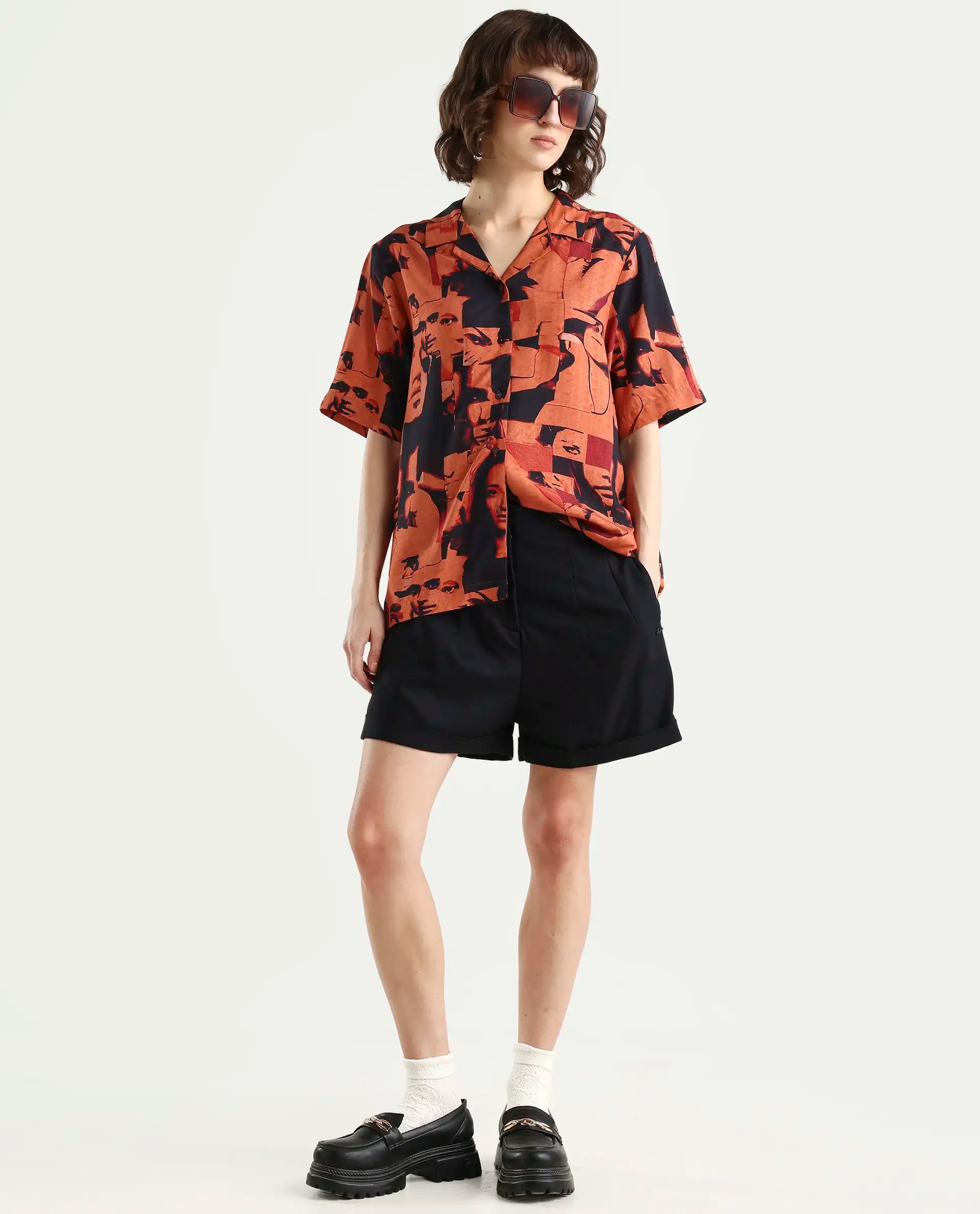 Rareism Women's Hagen Brown Viscose Spread Collar Abstract Print Relaxed Fit Top