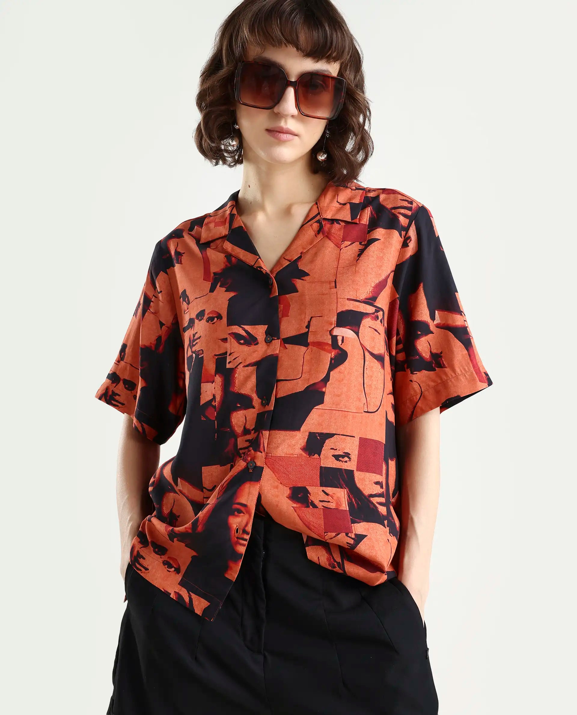 Rareism Women's Hagen Brown Viscose Spread Collar Abstract Print Relaxed Fit Top