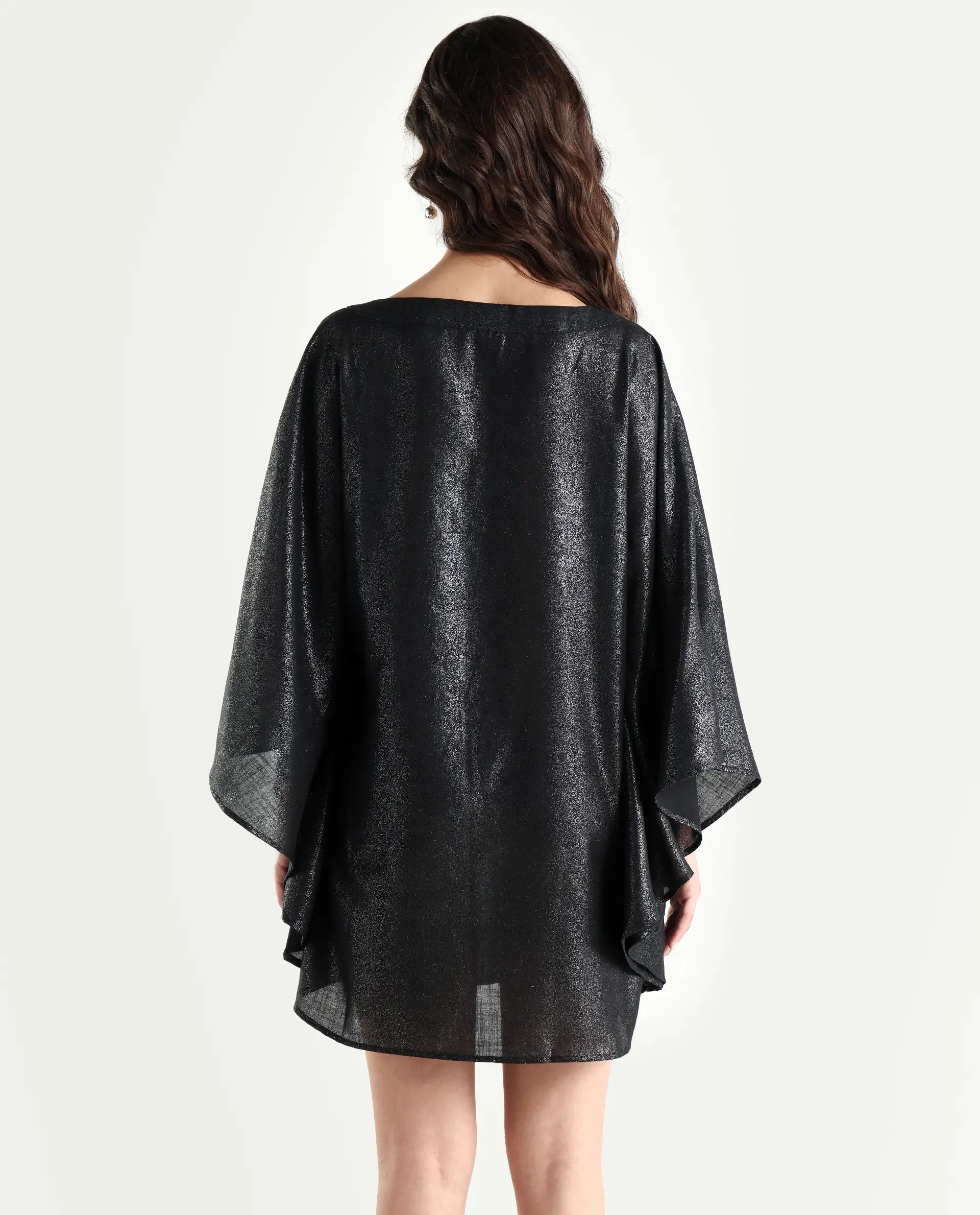 Rareism Women's Esmese Black Polyester V-Neck Plain Extended Sleeves Mini Relaxed Fit Dress