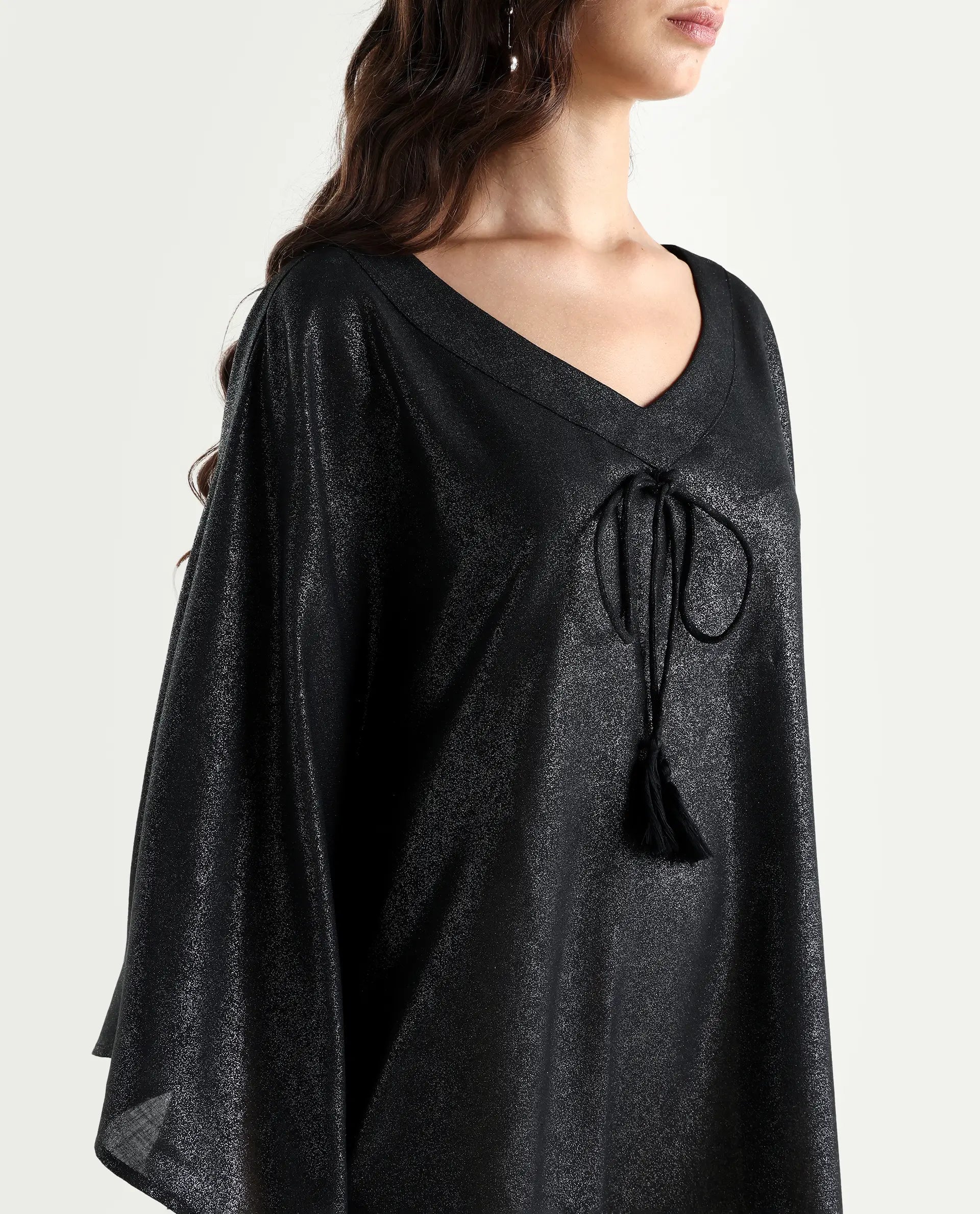 Rareism Women's Esmese Black Polyester V-Neck Plain Extended Sleeves Mini Relaxed Fit Dress