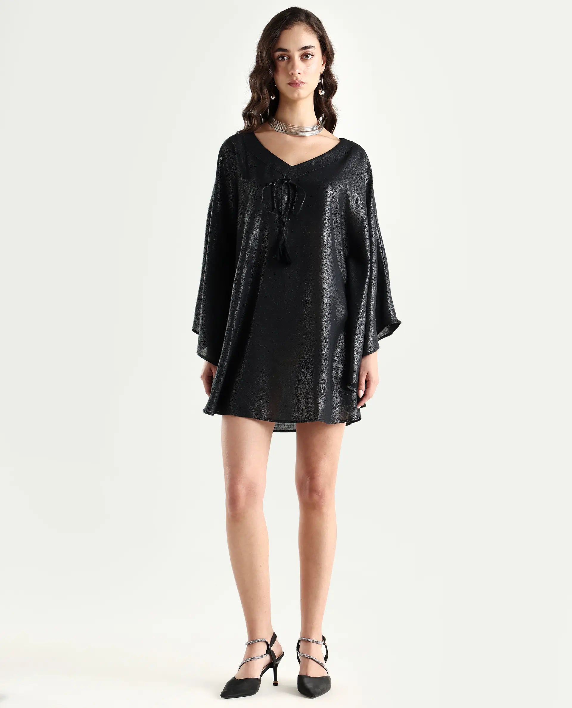 Rareism Women's Esmese Black Polyester V-Neck Plain Extended Sleeves Mini Relaxed Fit Dress