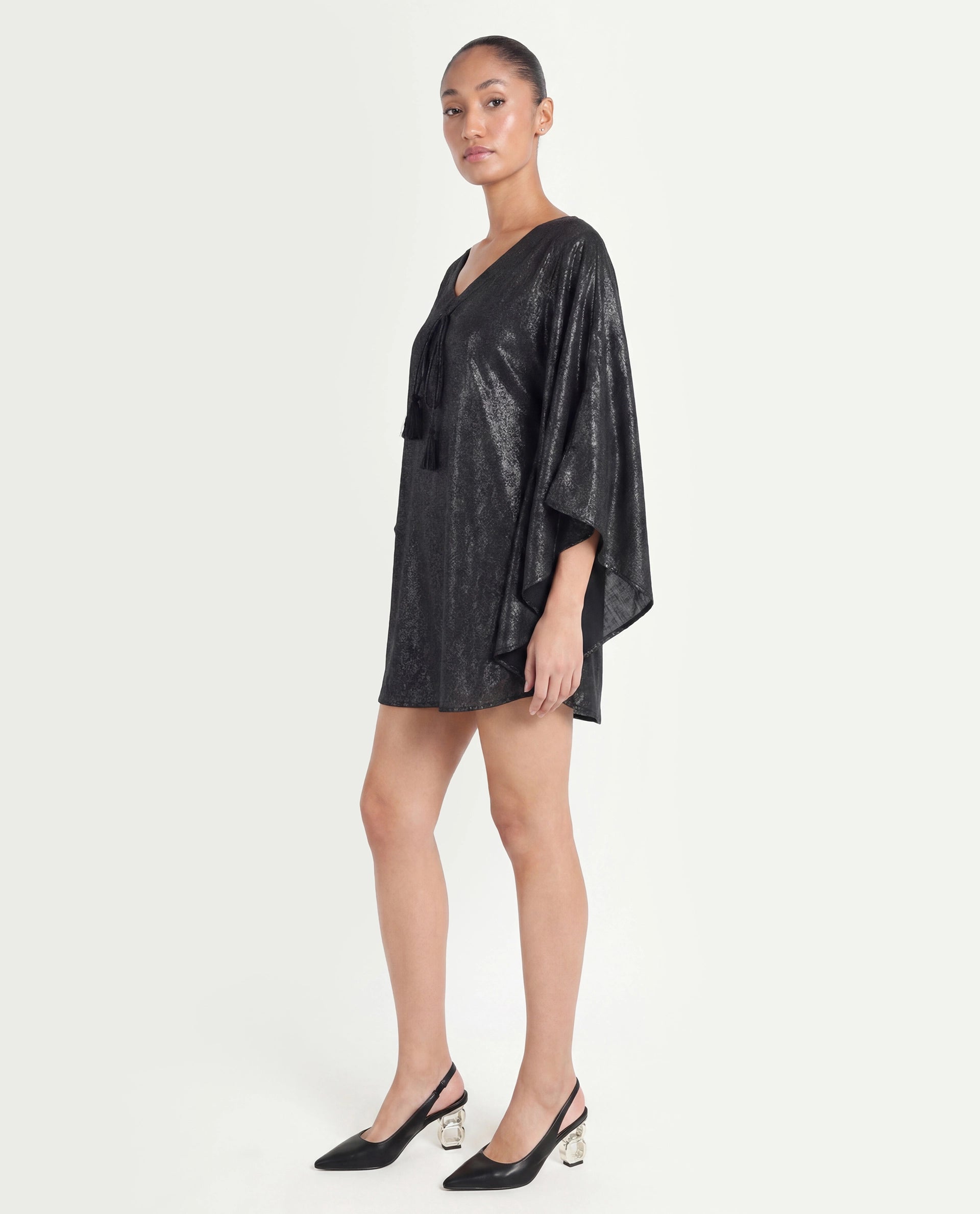 Rareism Women's Esmese Black Polyester V-Neck Plain Extended Sleeves Mini Relaxed Fit Dress