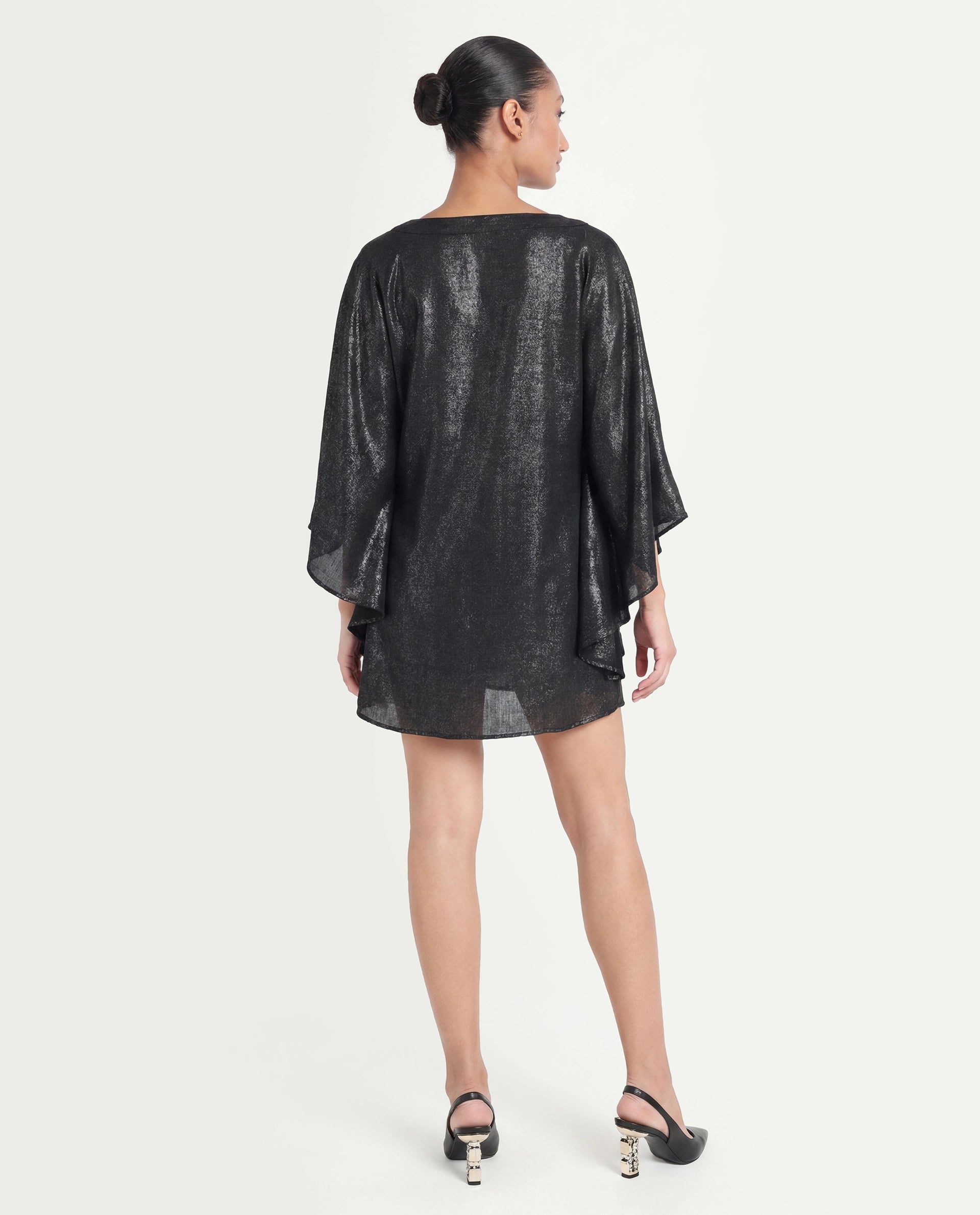 Rareism Women's Esmese Black Polyester V-Neck Plain Extended Sleeves Mini Relaxed Fit Dress
