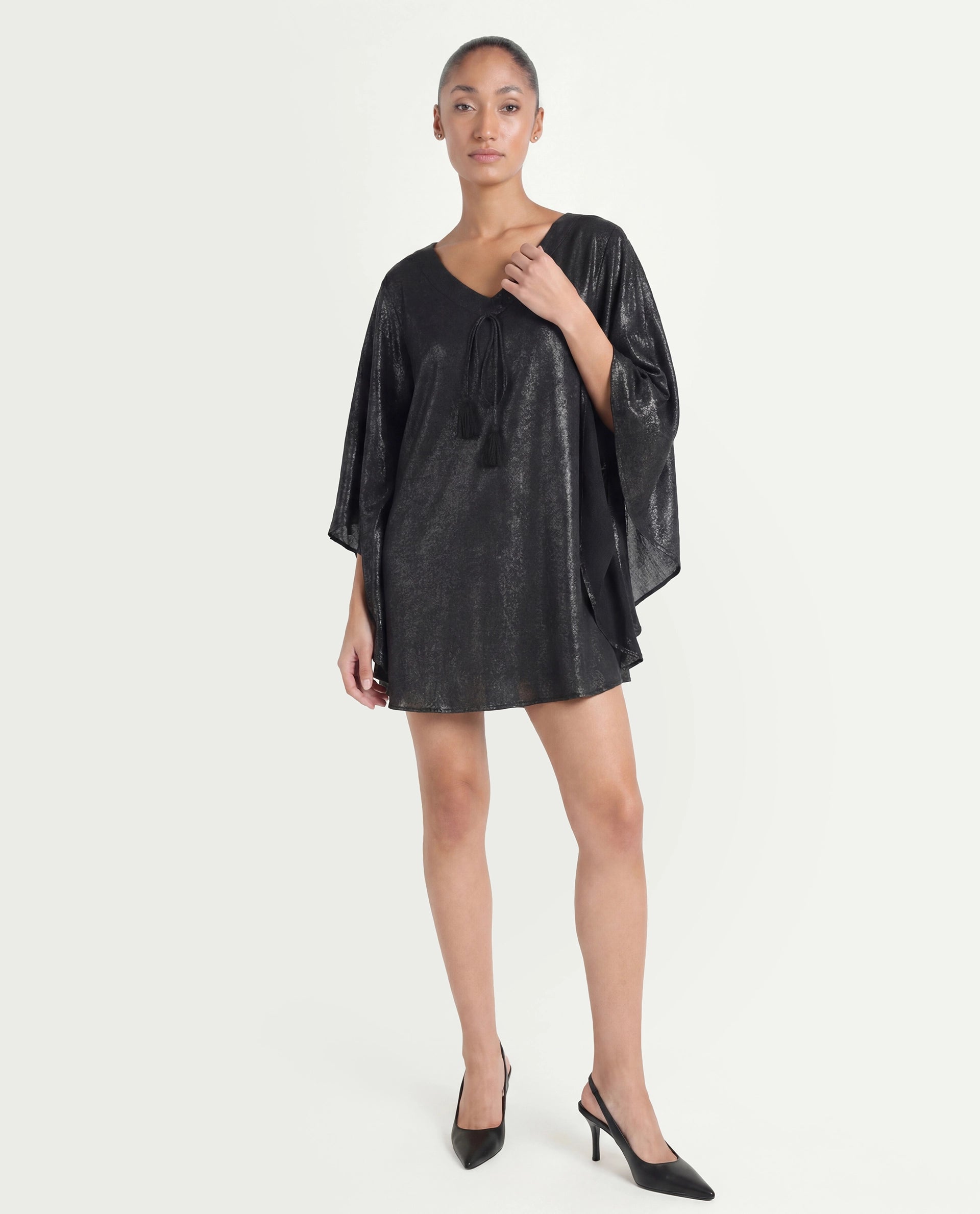 Rareism Women's Esmese Black Polyester V-Neck Plain Extended Sleeves Mini Relaxed Fit Dress