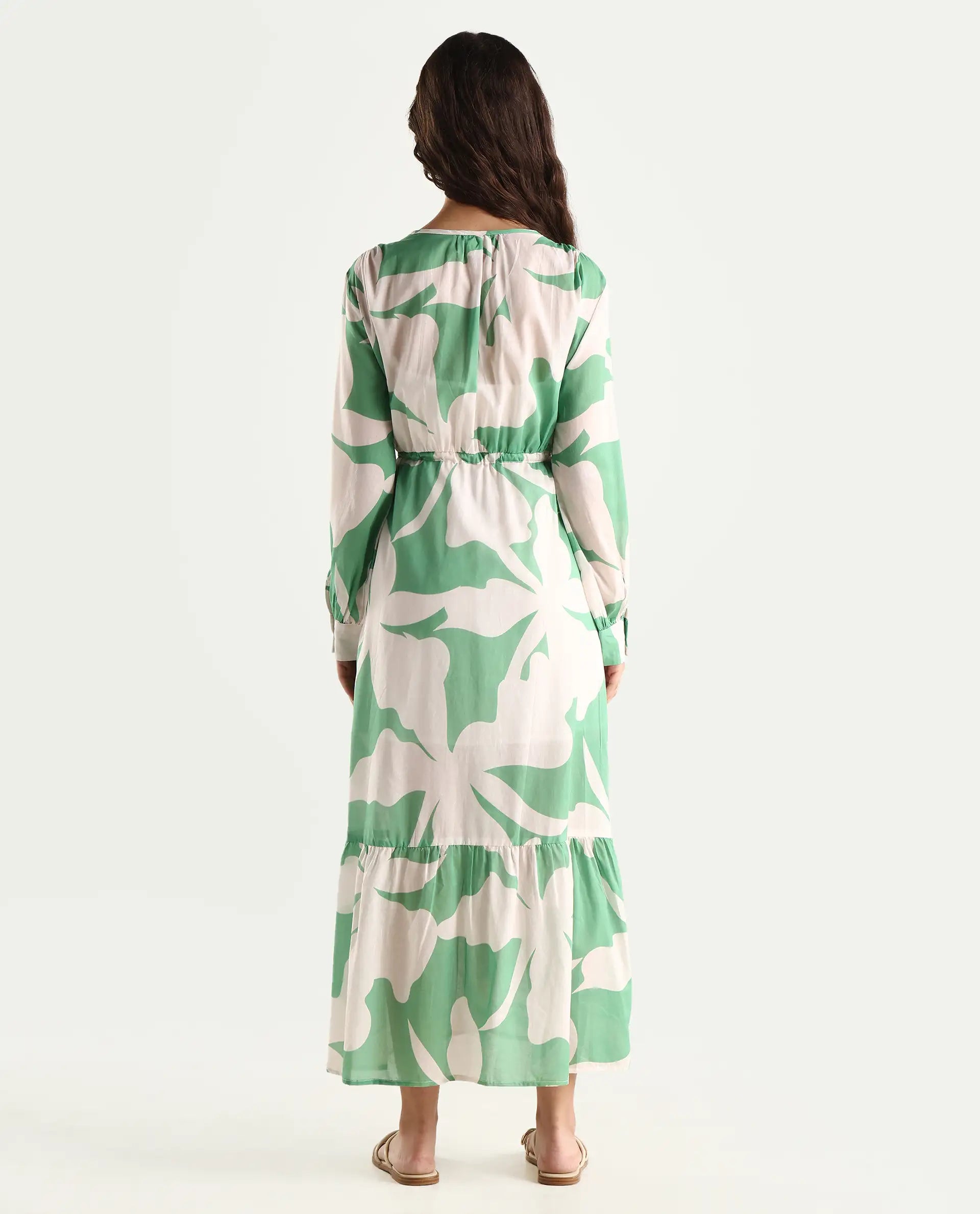 Rareism Women's Adeley Dusky Green Cotton V-Neck Abstract Print Cuffed Sleeve Maxi Regular Fit Shrug
