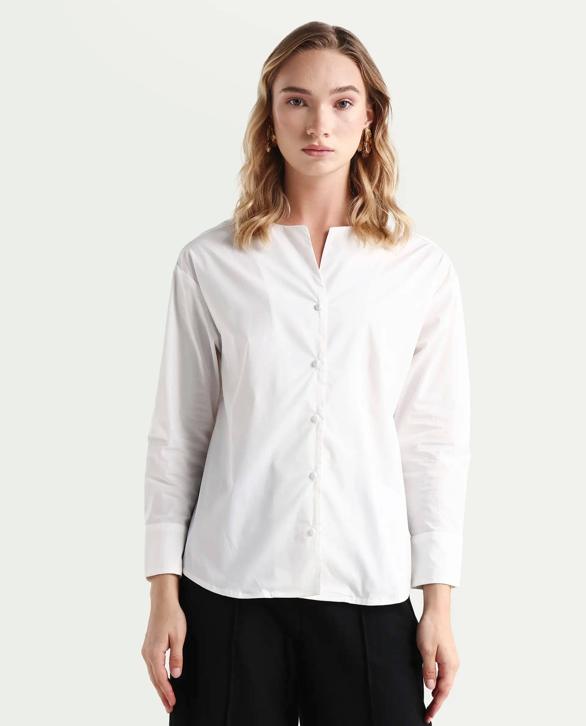 Rareism Women's Nagoya White Cotton Blend Crew Neck Plain Cuffed Sleeve Regular Fit Top