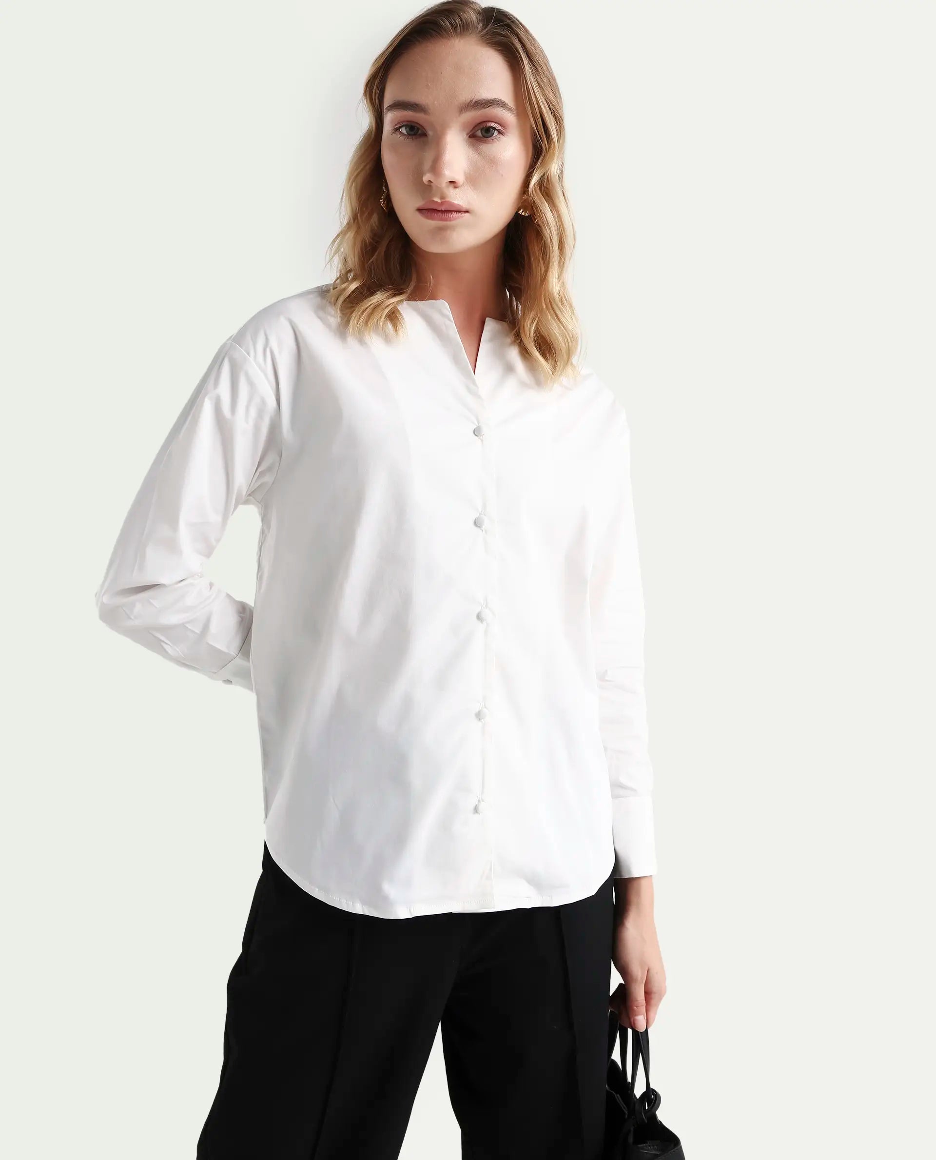 Rareism Women's Nagoya White Cotton Blend Crew Neck Plain Cuffed Sleeve Regular Fit Top