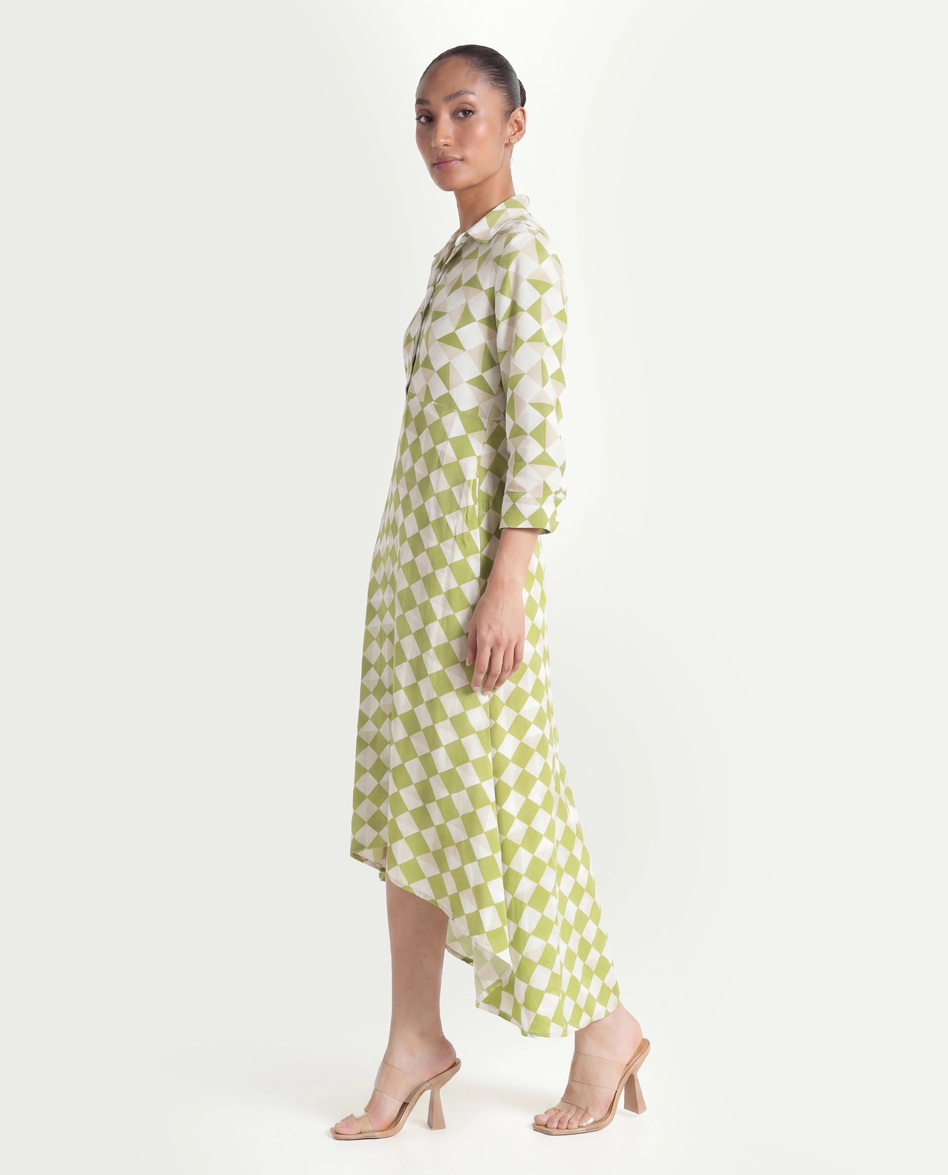 Rareism Women's Alice Light Green Moroccan Crepe Spread Collar Geometric Print Cuffed Sleeve Maxi Flared Dress