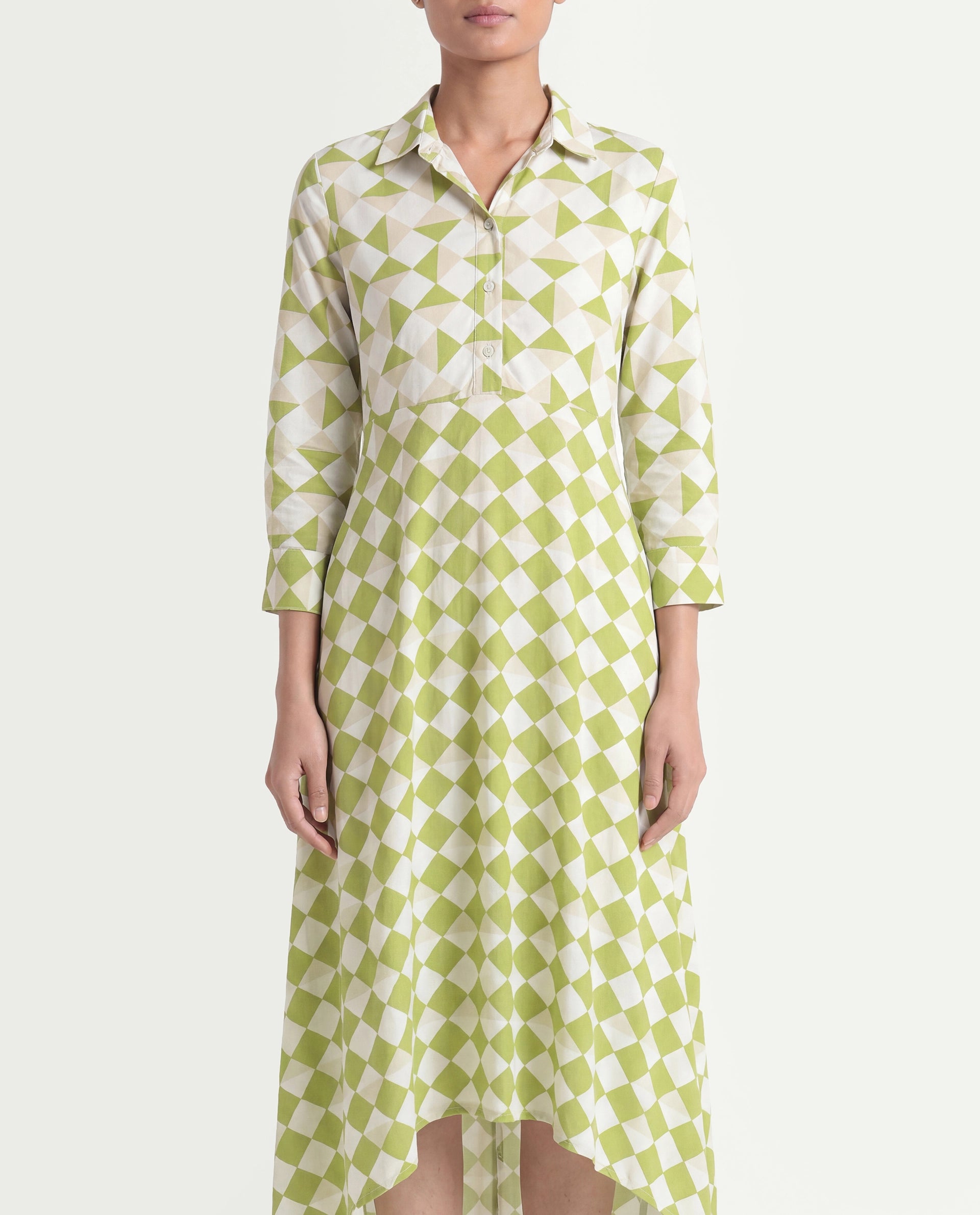 Rareism Women's Alice Light Green Moroccan Crepe Spread Collar Geometric Print Cuffed Sleeve Maxi Flared Dress