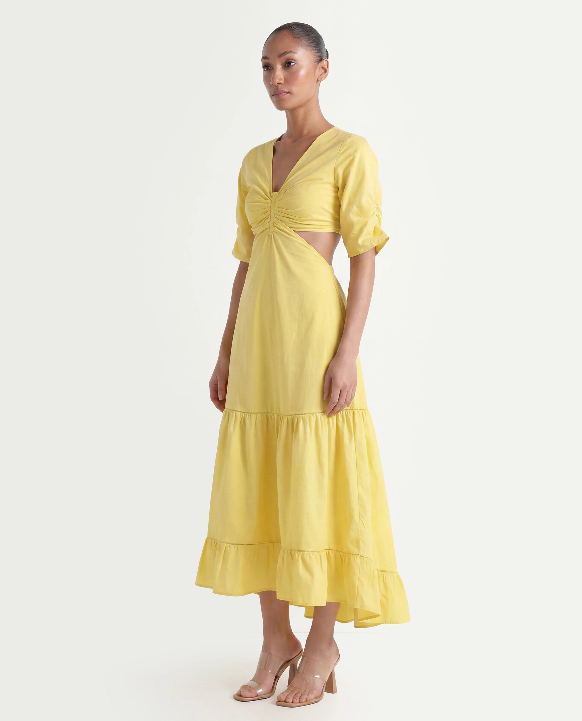 Rareism Women's Lesman Yellow Cotton V-Neck Plain Puff Sleeves Maxi Fit And Flare Dress