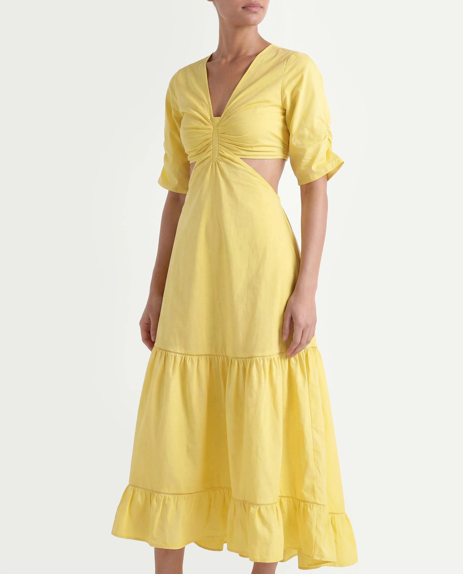 Rareism Women's Lesman Yellow Cotton V-Neck Plain Puff Sleeves Maxi Fit And Flare Dress