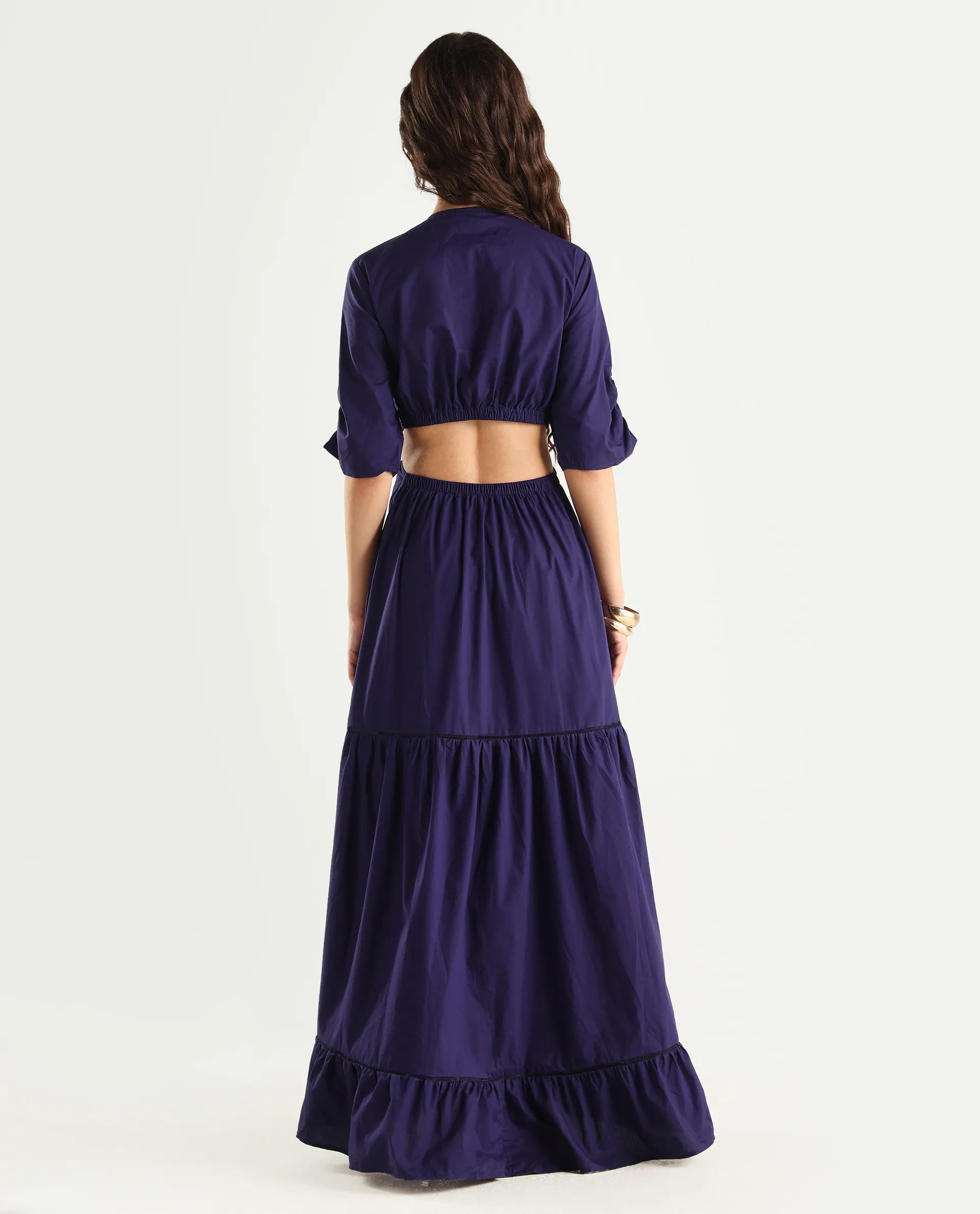 Rareism Women's Lesman Dark Purple Cotton V-Neck Plain Puff Sleeves Maxi Fit And Flare Dress